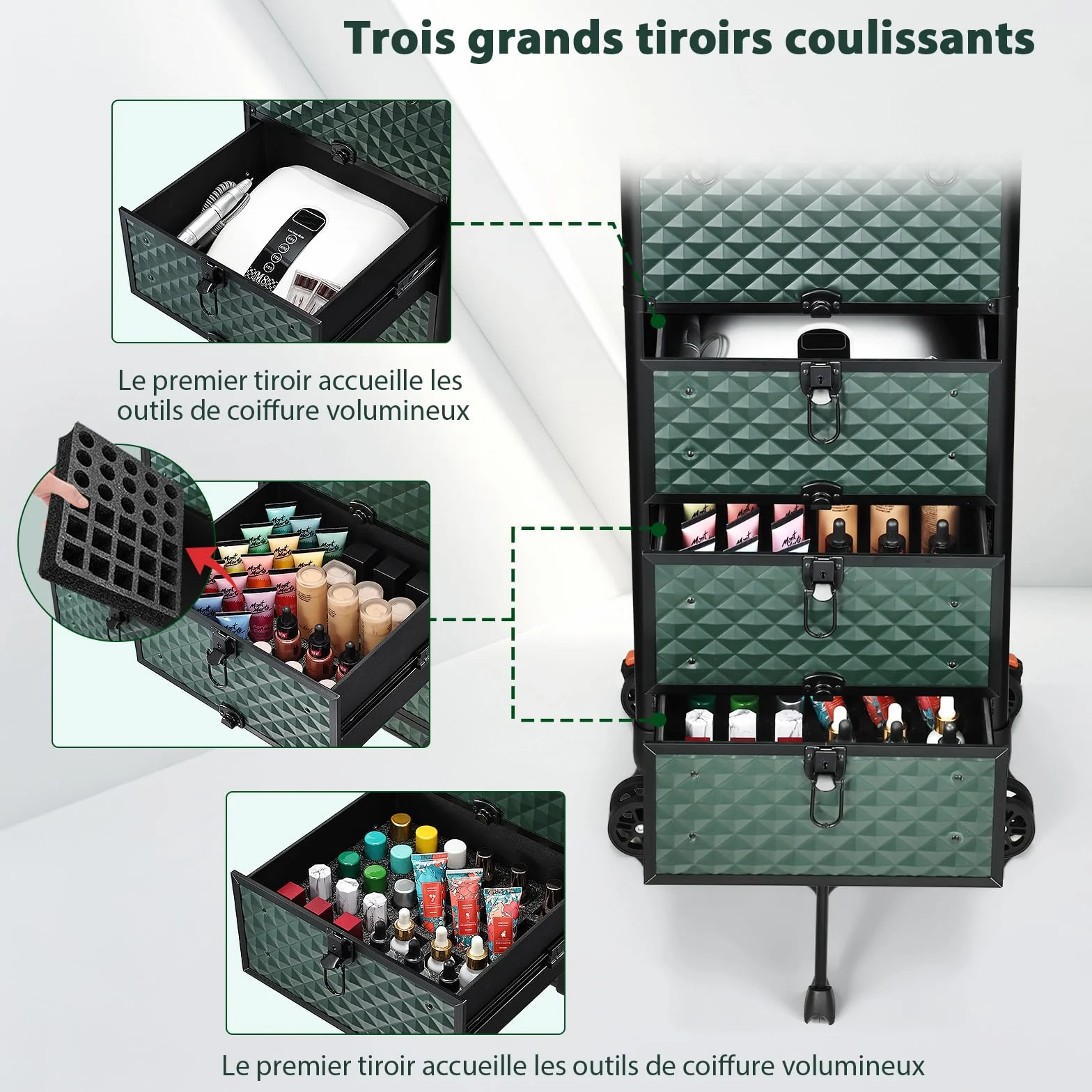Valise de Maquillage à Roulettes Professionnelle 3 Tiroirs Verrouillage Vert