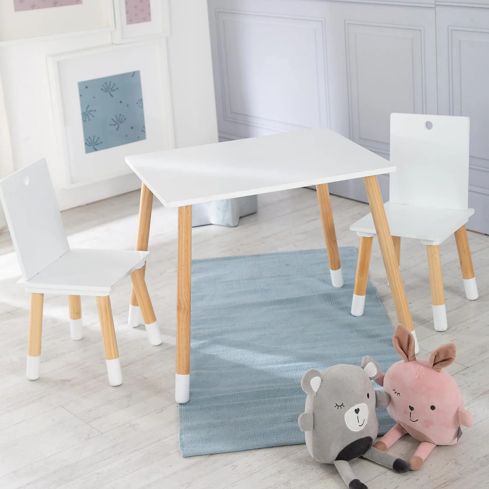 Ensemble Table et 2 Chaises Enfants Bois Massif 50 kg Style Scandinave Naturel Blanc