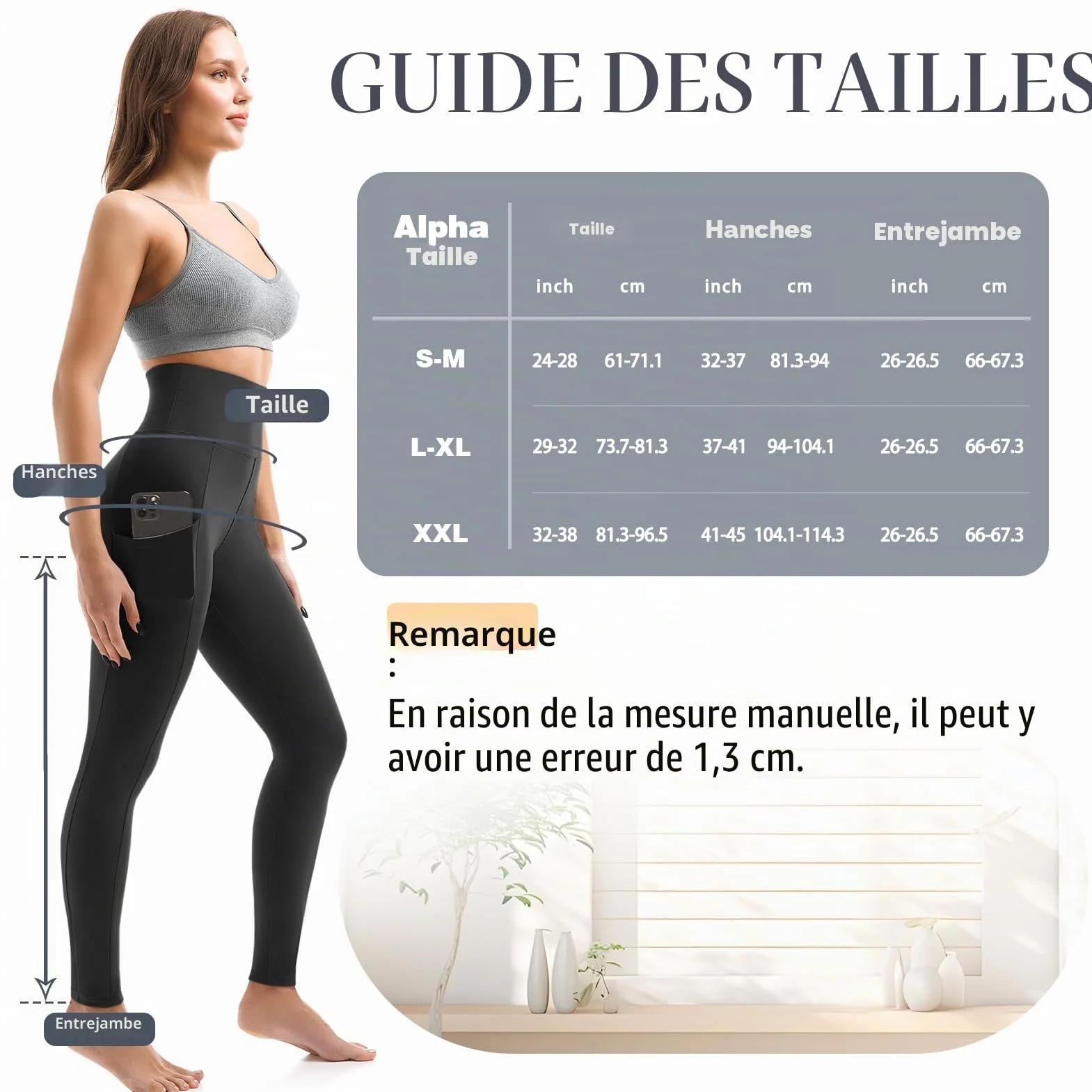 Leafigure Lot de 2 leggings de sport opaques taille haute avec poches