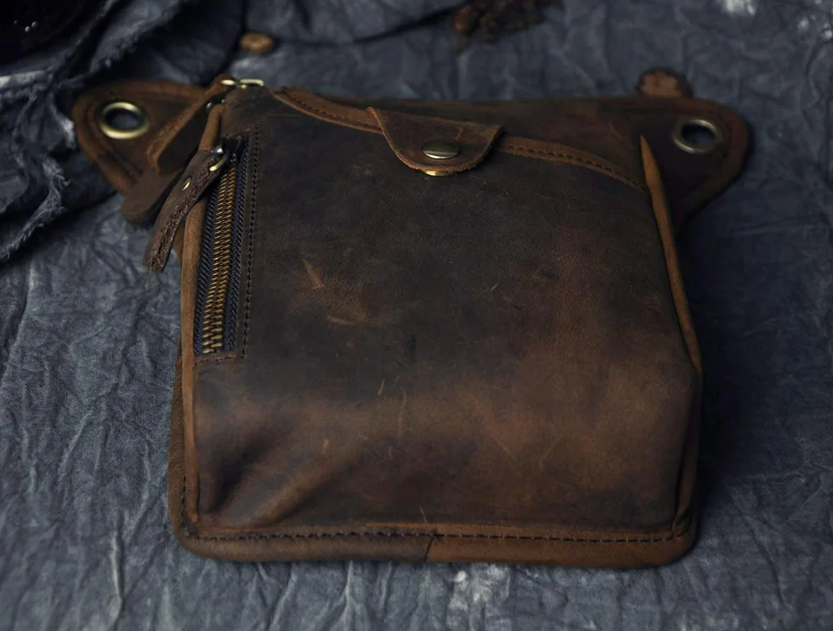 Le'aokuu Sac pour Jambes Moto en Cuir Véritable Bandoulière de Cuisse Marron Foncé
