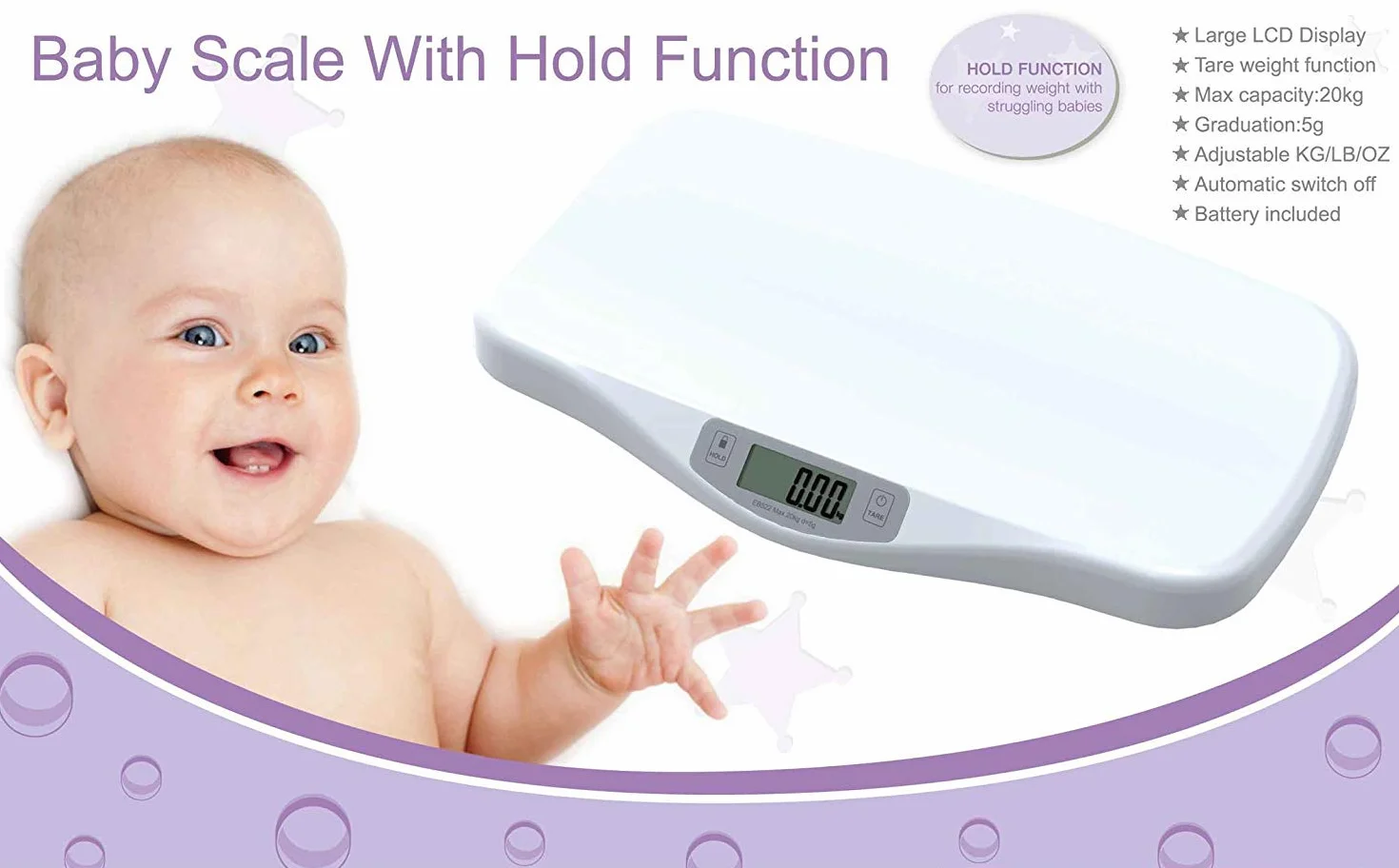 Balance Numérique pour Bébé, Haute Précision 5 g, Capacité 20 kg, Unité KG/LB/OZ, Blanc
