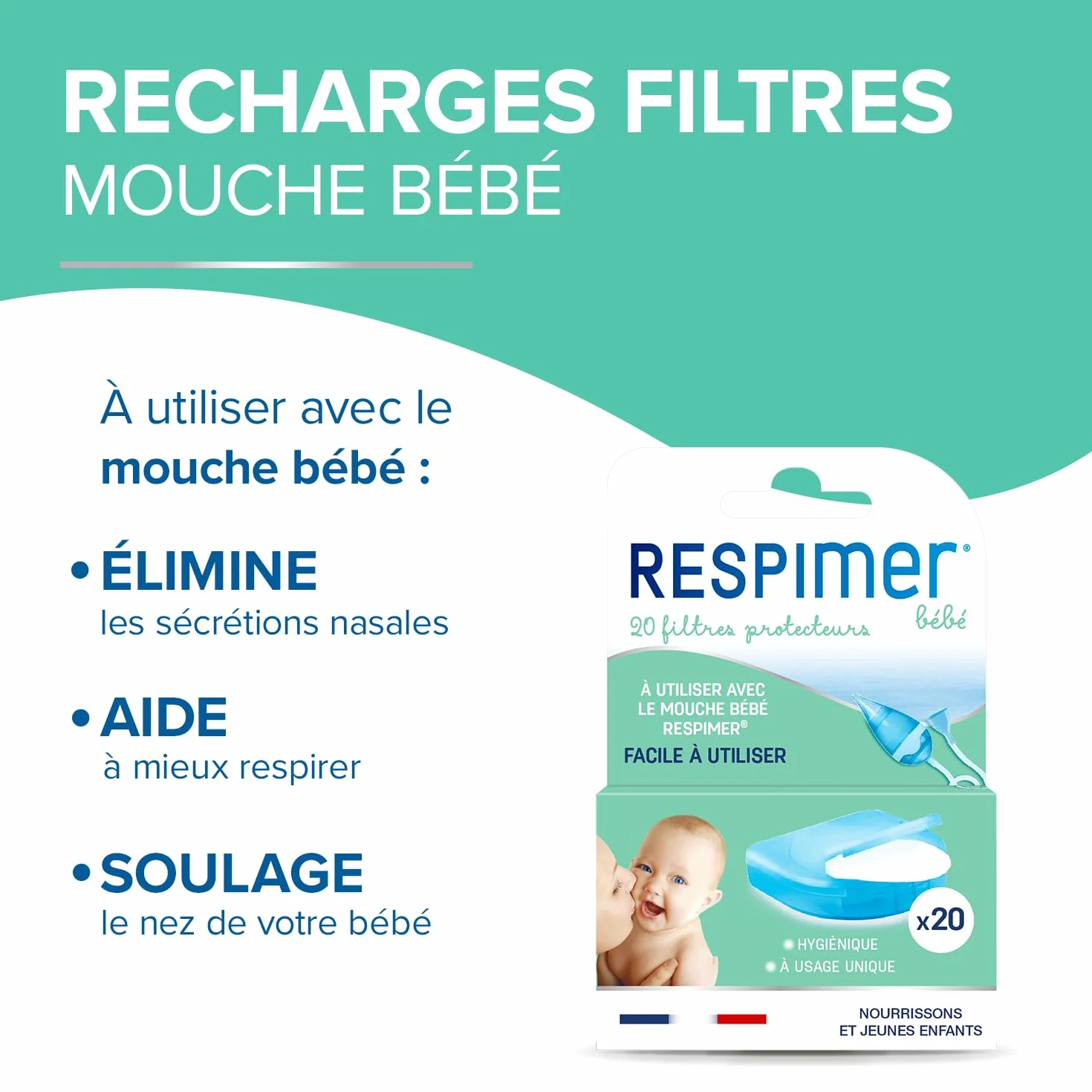 Respimer 20 Recharges Mouche Bébé Filtres Protecteur Rhume Rhynopharyngite Fabriqués en France
