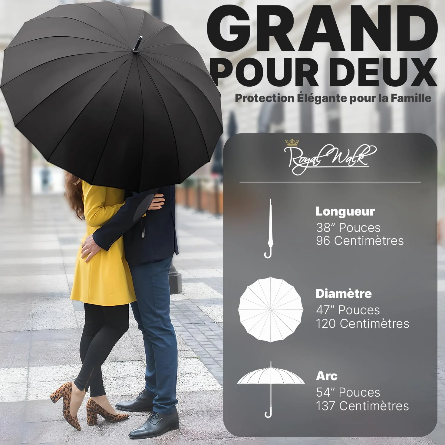 Royal Walk Parapluie Automatique XXL 120cm 16 Baleines Anti Tempête Solide Golf Poignée Bois
