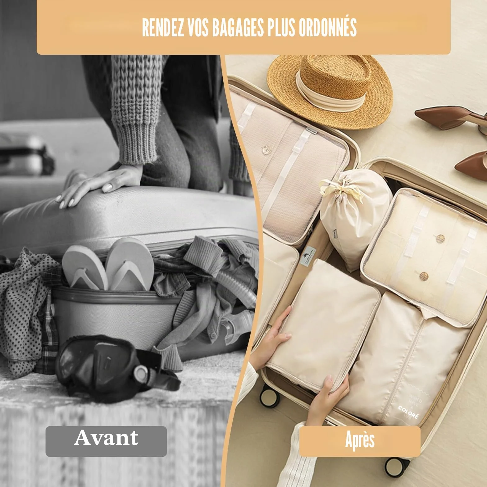 Lot de 9 Organisateur Valise Imperméables Packing Cubes Résistant à la Déchirure Pochette Voyage Beige
