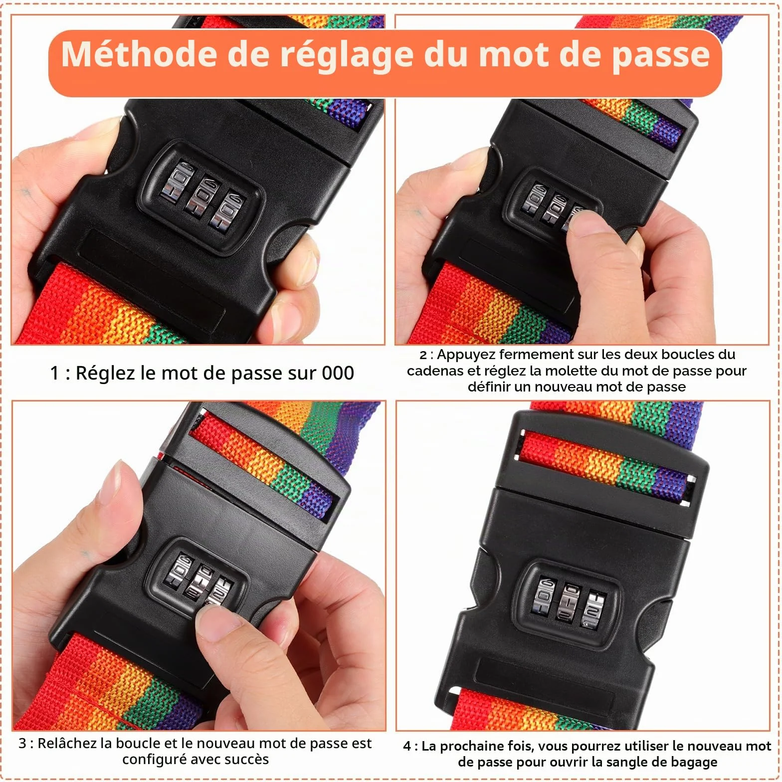 Lot de 2 Sangles pour Bagage Réglable avec Code Valise Voyage Arc-en-Ciel
