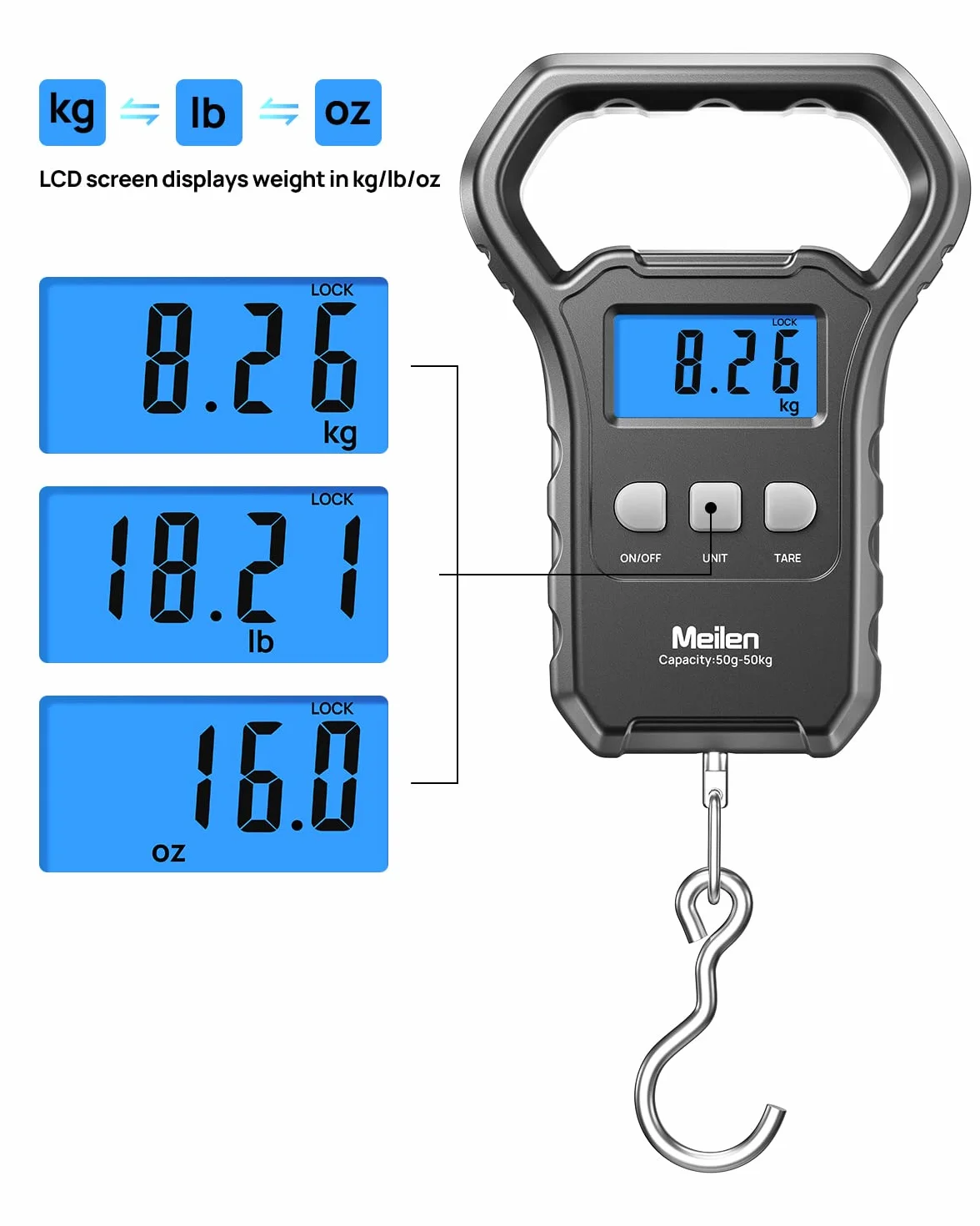 Meilen Balance Pesone de Pêche 110lb/50kg Appareil à Bagages Suspendue écran LCD Rétro-éclairé
