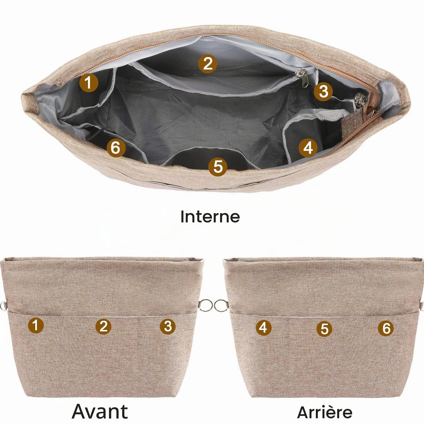 Organisateur de Sac à Main Femme Poids Léger Multi Poches Marron Bag in Bag