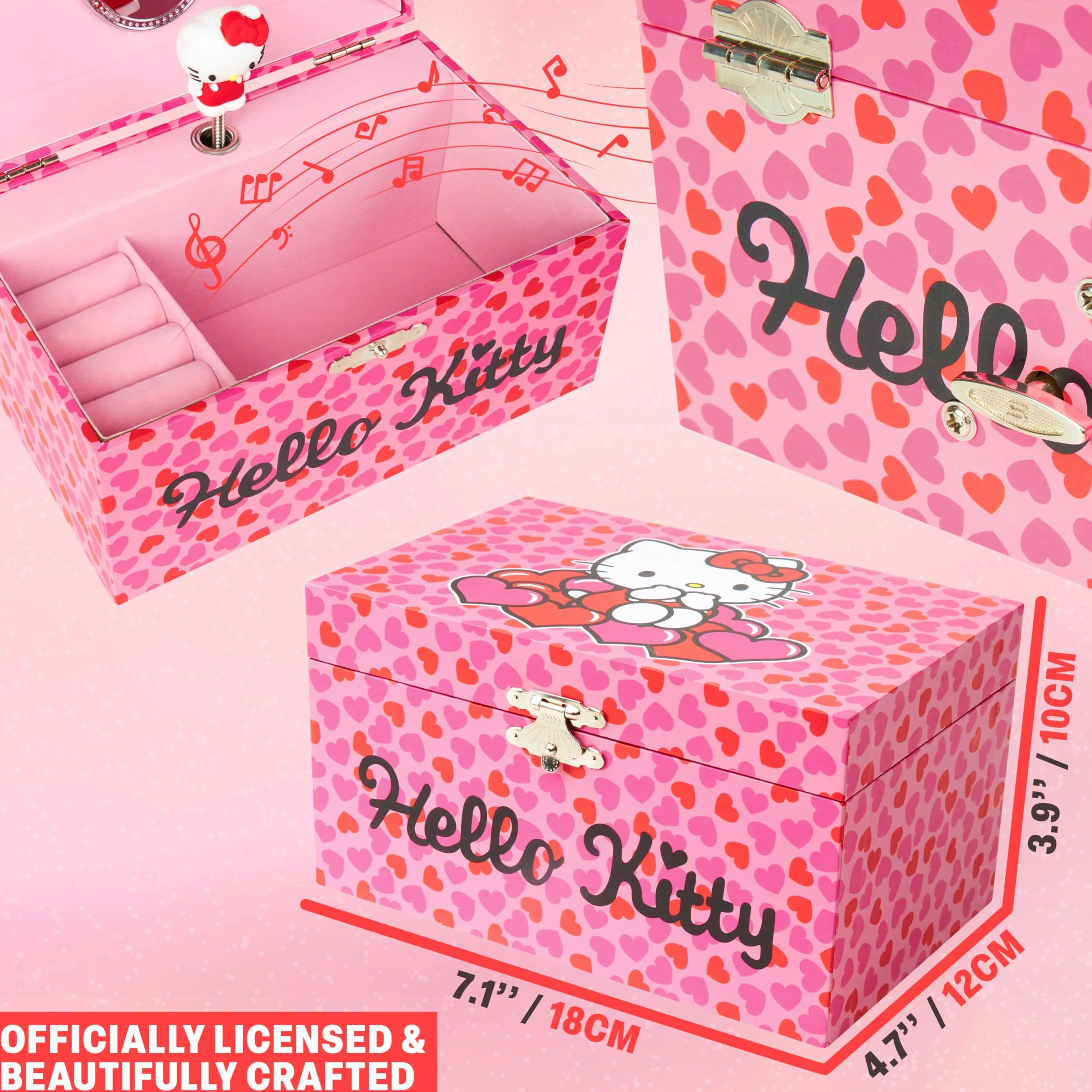 Hello Kitty Sanrio Boîte à Bijoux Musicale Fille Ado Coffret Kawaii Miroir Tiroirs Rangement Rose