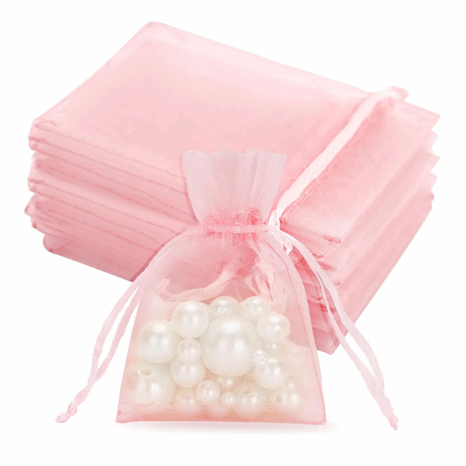 Lot de 50 sachets en organza rose bébé 7 x 9 cm avec cordon de serrage transparent pour bijoux cadeau mariage