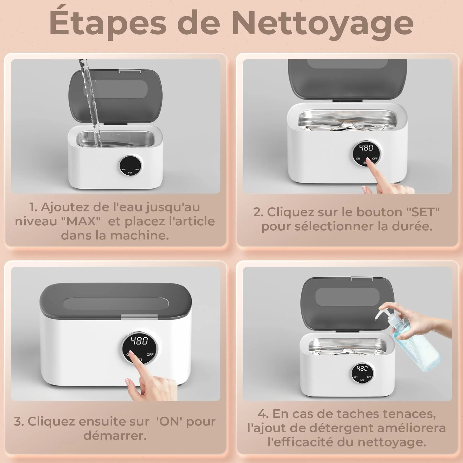 Nettoyeur Ultrasons 600ML 43kHz, Nettoyant Ultrason Bijoux avec Panier et Support