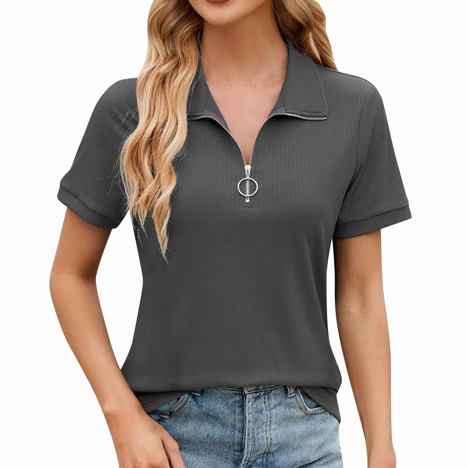 Polo de golf femme manches courtes coton fermeture éclair couleur unie coupe ajustée