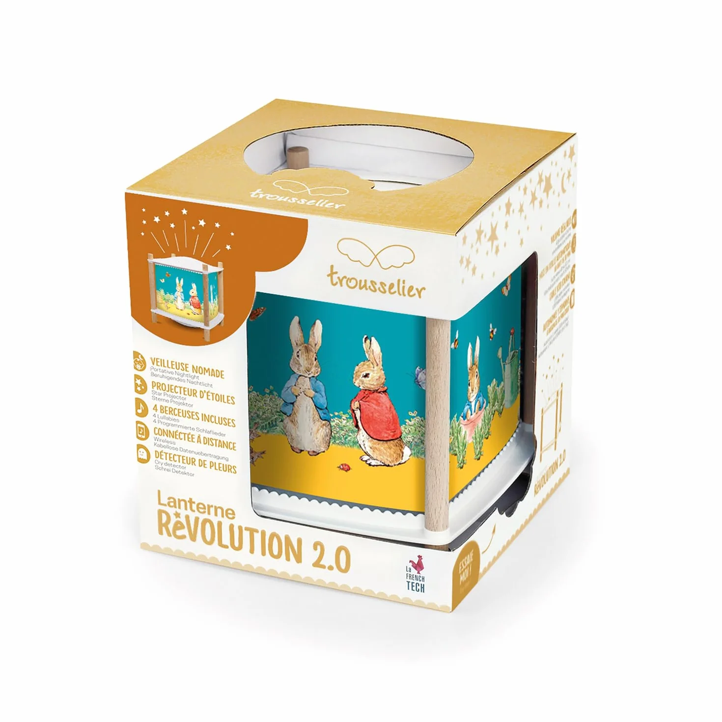 Trousselier Peter Rabbit Veilleuse Bébé Musicale Lumineuse Lanterne ReVOLUTION 2.0 Cadeau Naissance Rechargeable USB Projecteur Ciel Etoilé Détecteur de Pleurs