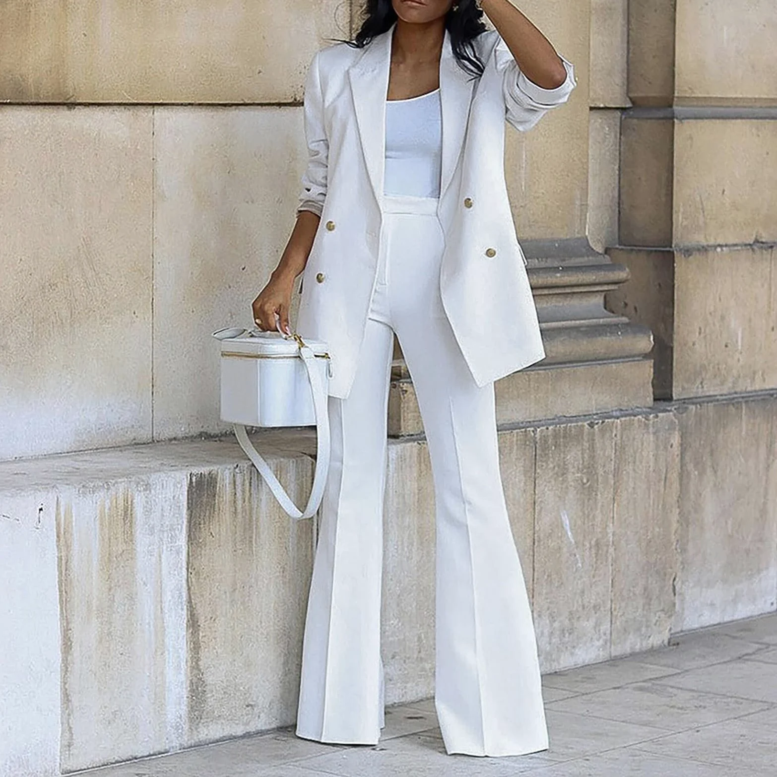 Tailleur Femme 2 PièCes Slim Couleur Unie Mode - Blazer Chic Élégante À Manches Longues Col Revers Veste Manteau Ensemble Travail Pantalon Costumes Ensemble Pantalon au Bureau