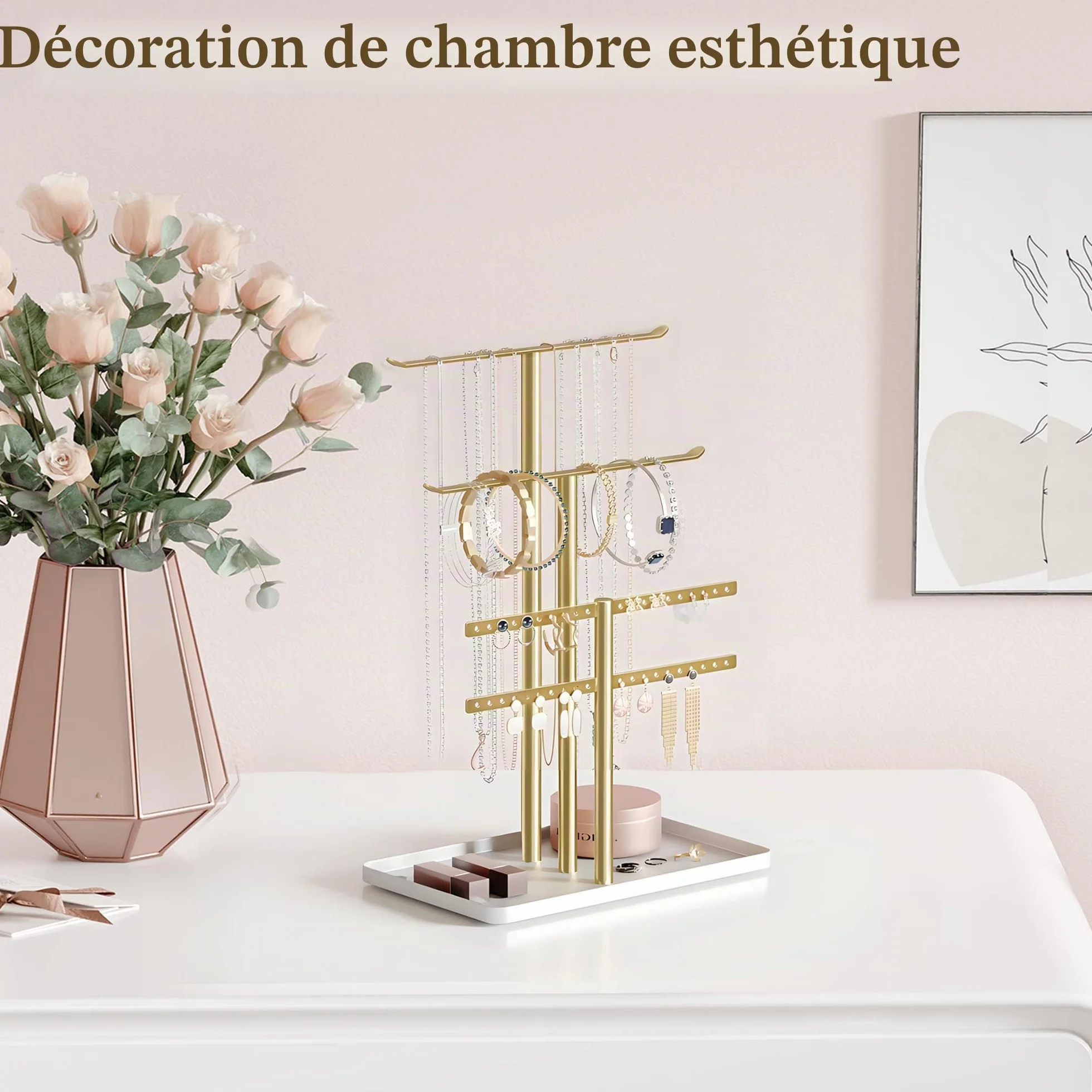 Organisateur de Support à Bijoux à 3 Niveaux - Porte-Bijoux Doré pour 80 Pièces - Cadeau pour Femmes