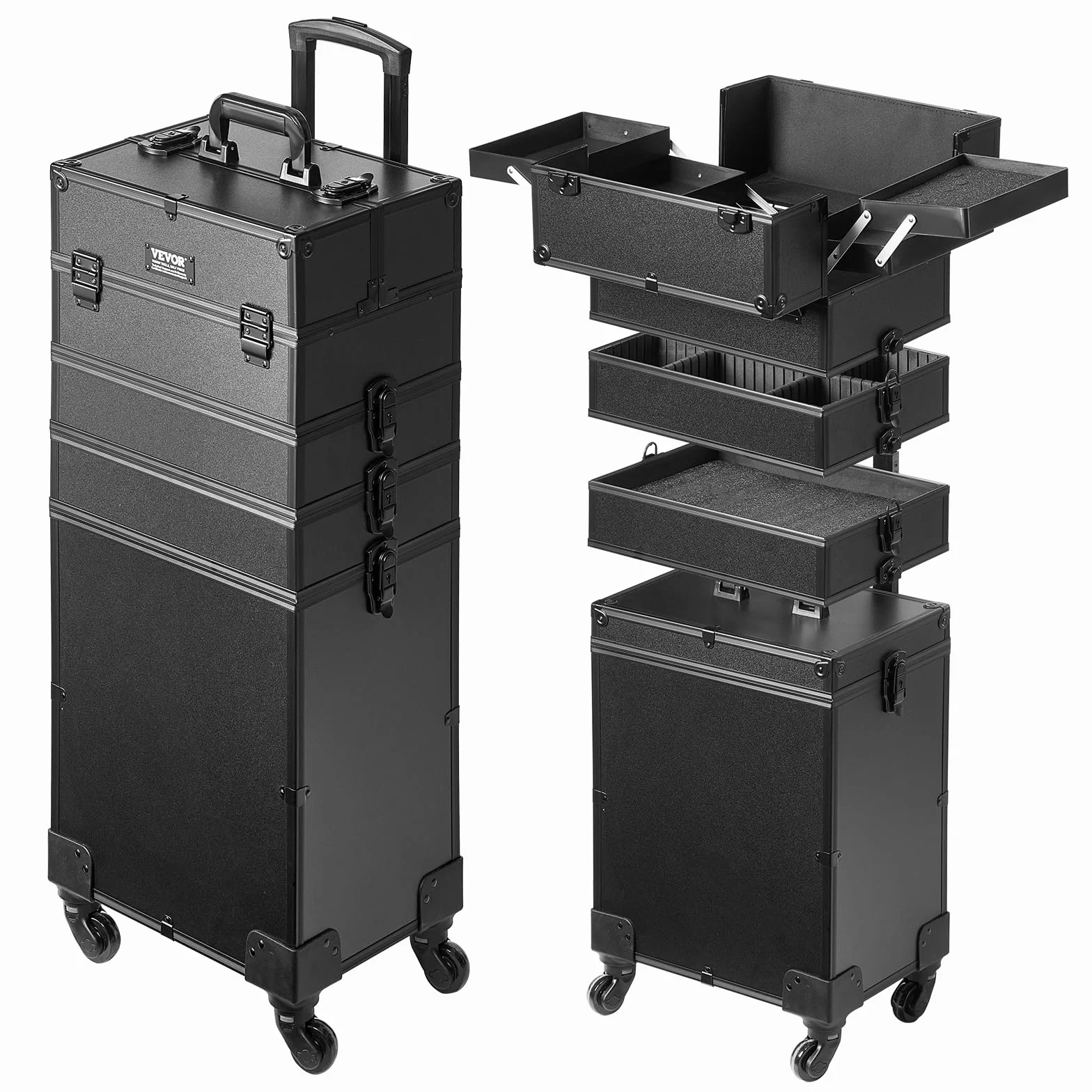 VEVOR Mallette de Maquillage à Roulettes 5en1 Valise de Rangement Aluminium Trousse Maquillage Professionnelle Voyage Roues Pivotantes 360° Noir