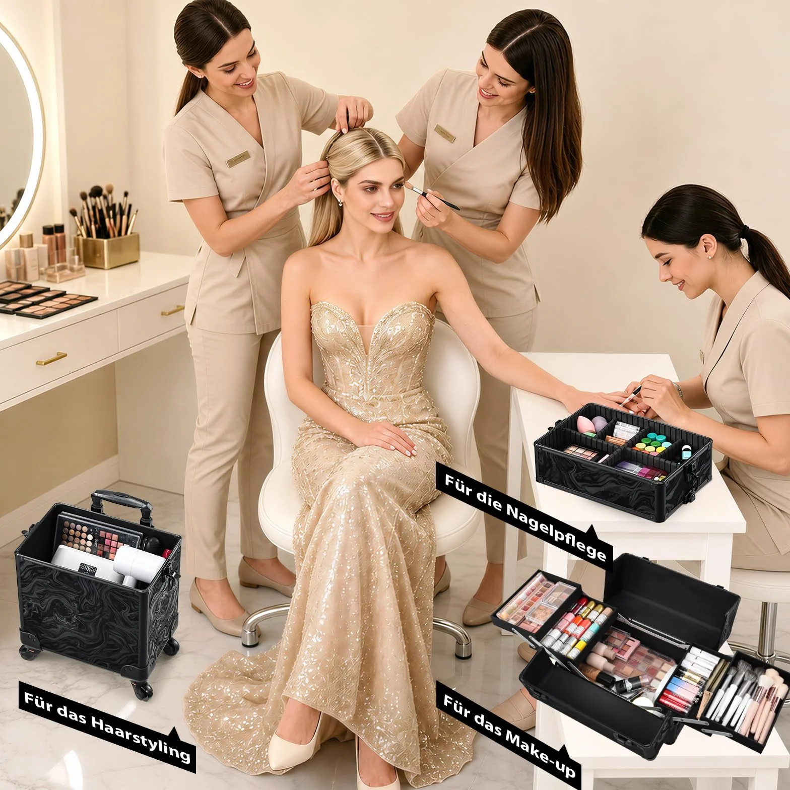 Valise Maquillage à roulettes 3 en 1 Alpine Noir, Grande Malette Coiffure Ongles multifonctionnelle