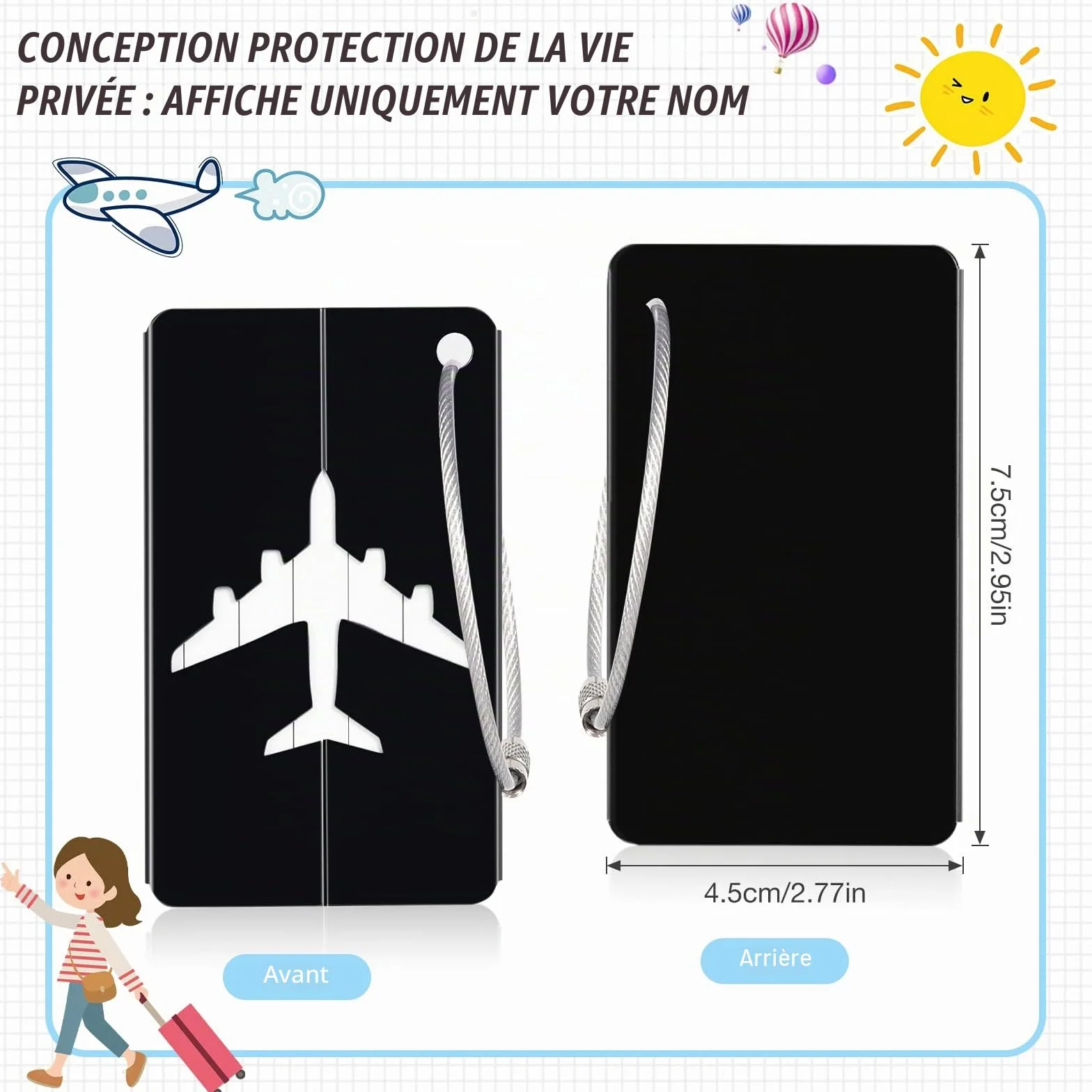 Yizhet Étiquette Bagage 6 Pièce en Alliage d'Aluminium avec Cordes en Acier Inoxydable et Carte PVC étanche