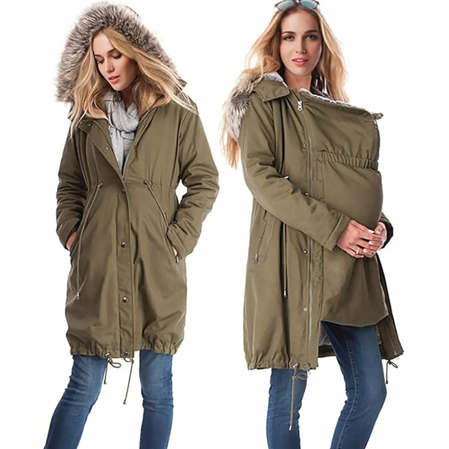 Manteau de portage hiver parka 3 en 1 chaude longueur genou col fourrure capuche coupe-vent pour maman et bébé L