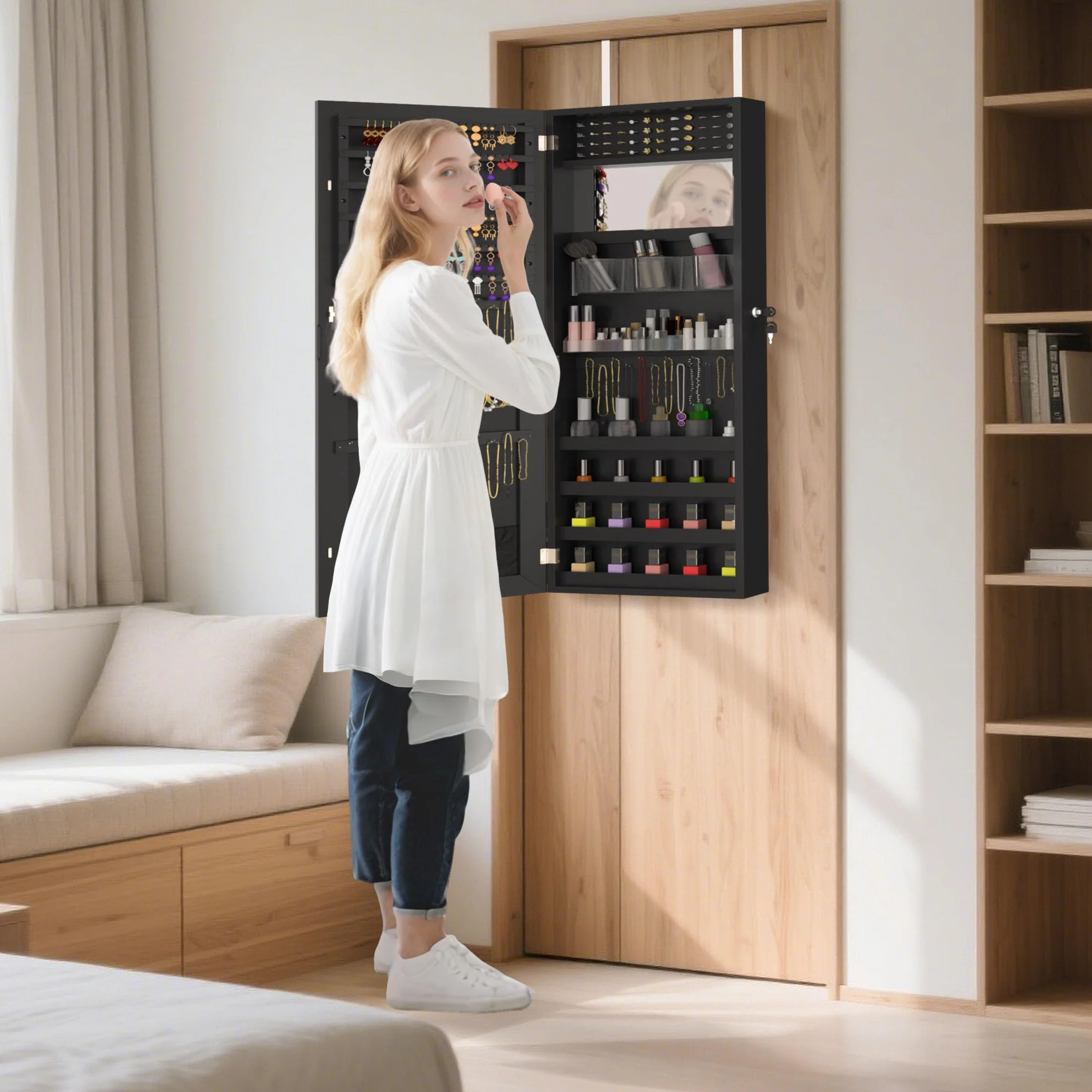 Armoire à bijoux avec miroir murale 2 en 1 107,5 x 36,5 x 9,5 cm Noir
