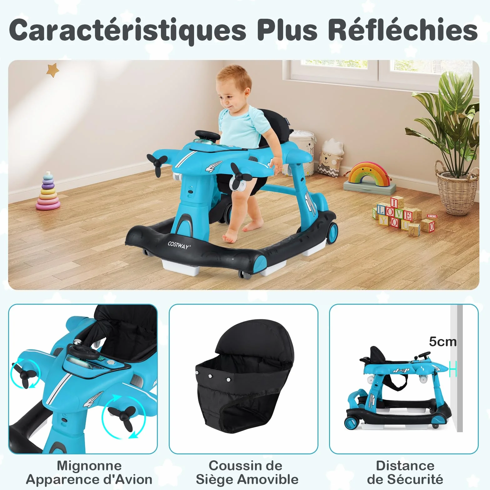 COSTWAY 6 en 1 Trotteur Bébé Pliable avec Hauteur Réglable, Roues Silencieuses, Charge 12kg (Bleu)
