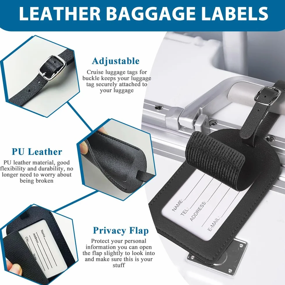 Étiquette Valise en PU Cuir 2 Pièces avec Boucle Réglable - Porte Étiquettes Inscriptible Nom Adresse pour Sac de Voyage