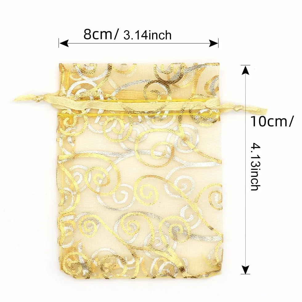 STARUBY Lot de 100 sachets en organza 8x10cm, sacs à cordon pour bijoux, imprimés rotin mariage Noël