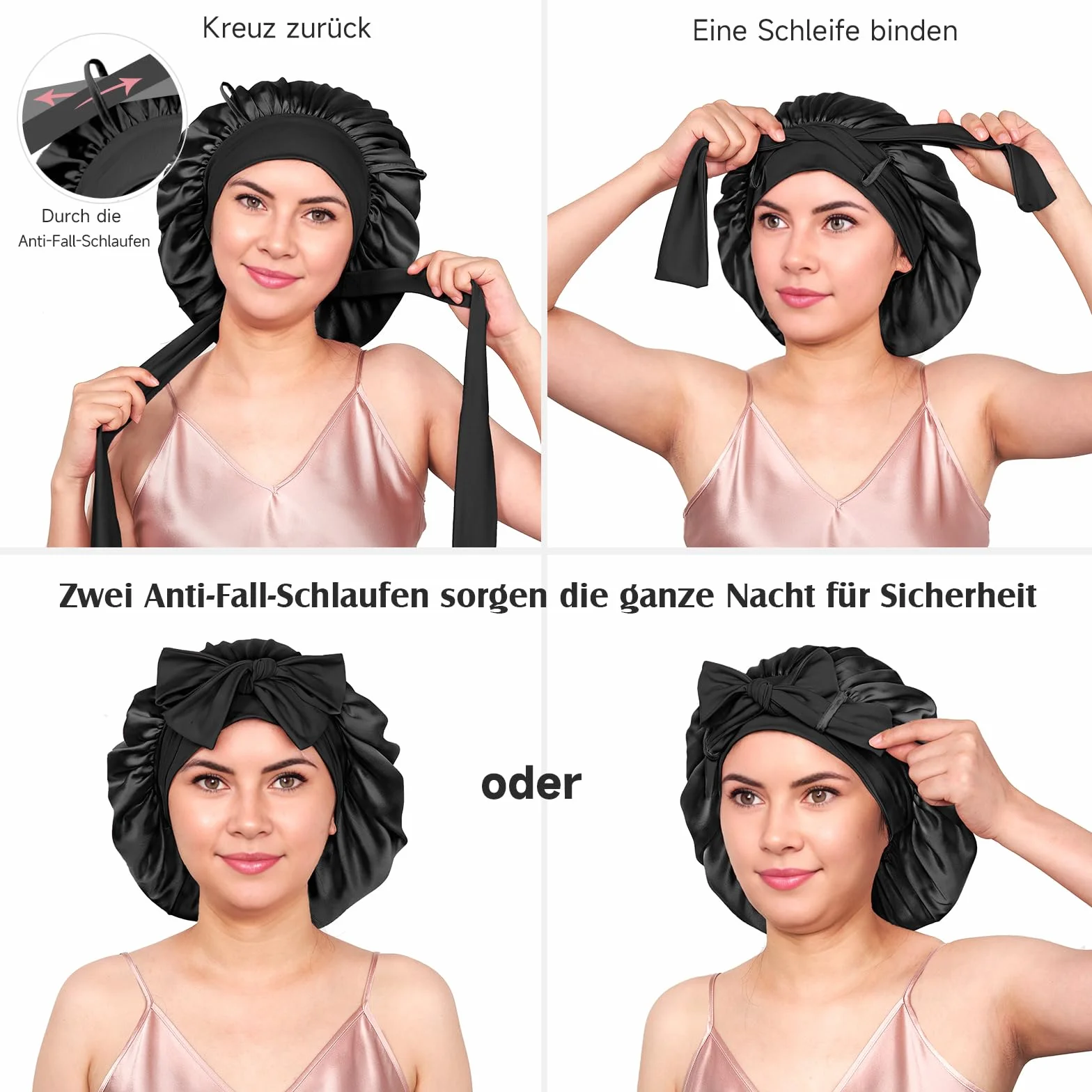 Bonnet de Nuit en Soie de Mûrier 22 Momme Umisleep, Double Couche pour Cheveux Frisés, Respirant, Large Bande Ajustable, Noir