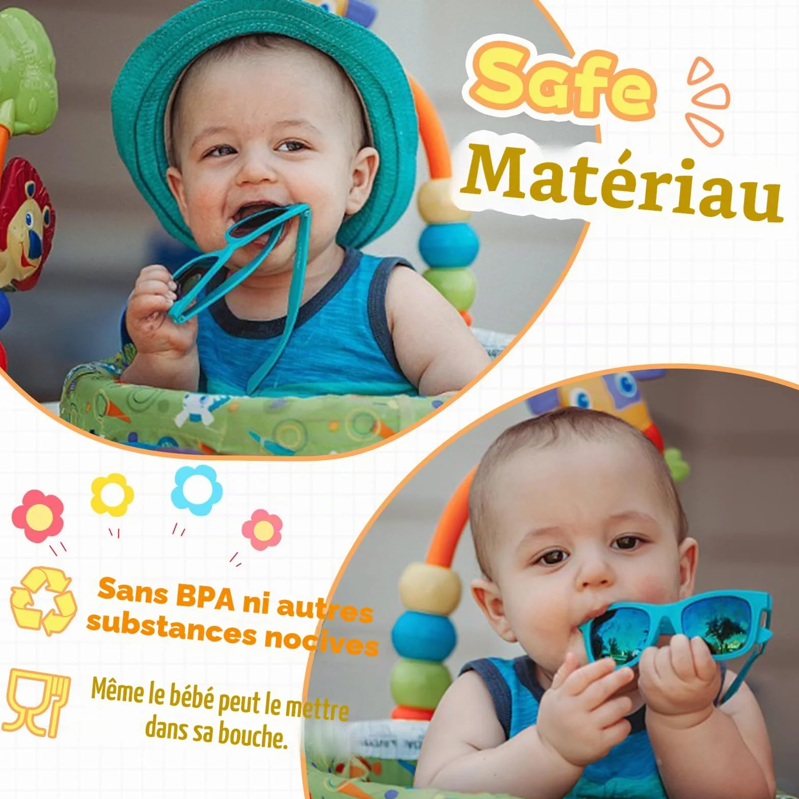 Lunettes Soleil Bébé Polarisées UV400 0-36 Mois Cadre Silicone Ronde Enfant