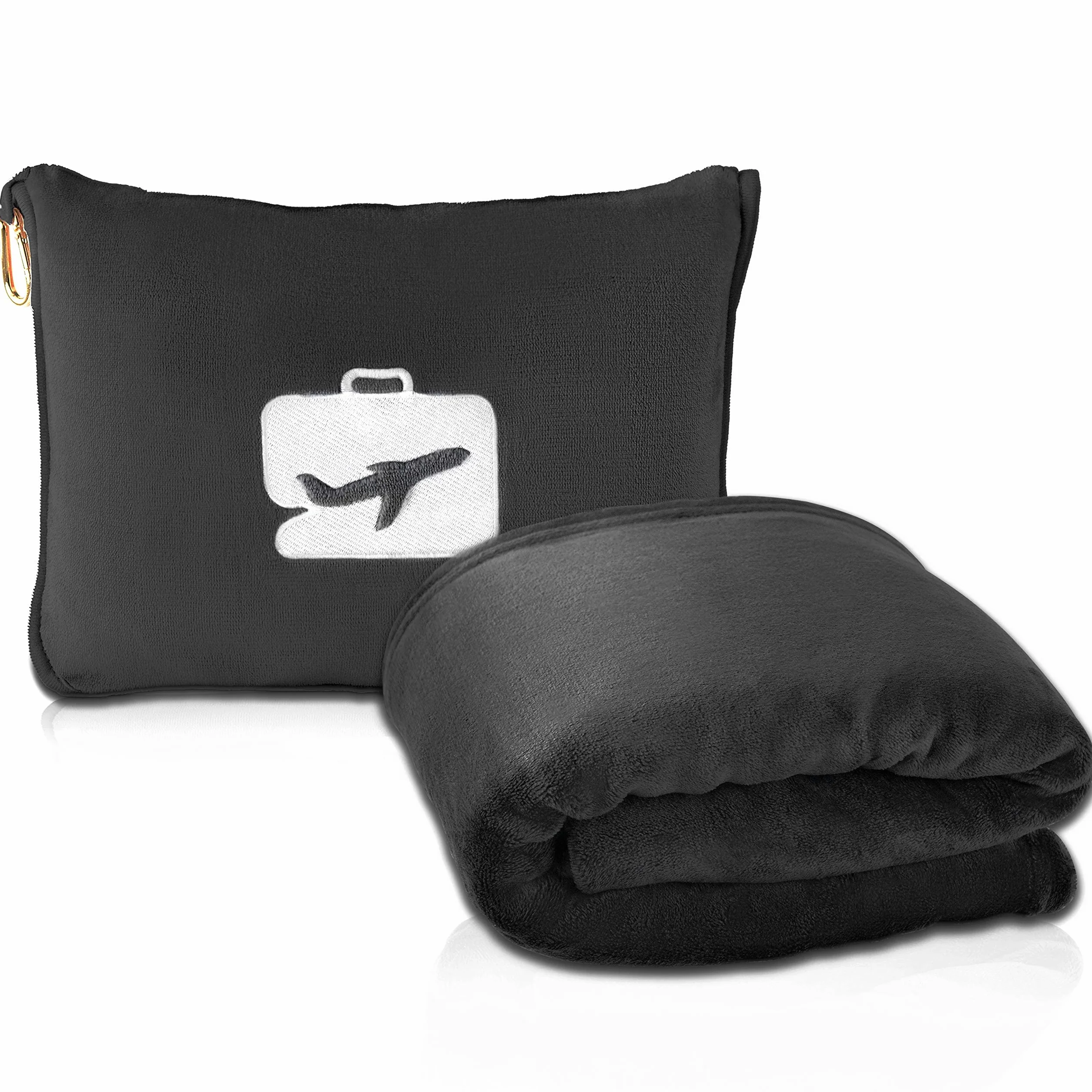 EverSnug Couverture et Oreiller de Voyage 2 en 1 Douce avec Housse de Coussin Souple, Housse de Bagage à Main et Clip pour Sac à Dos Noir