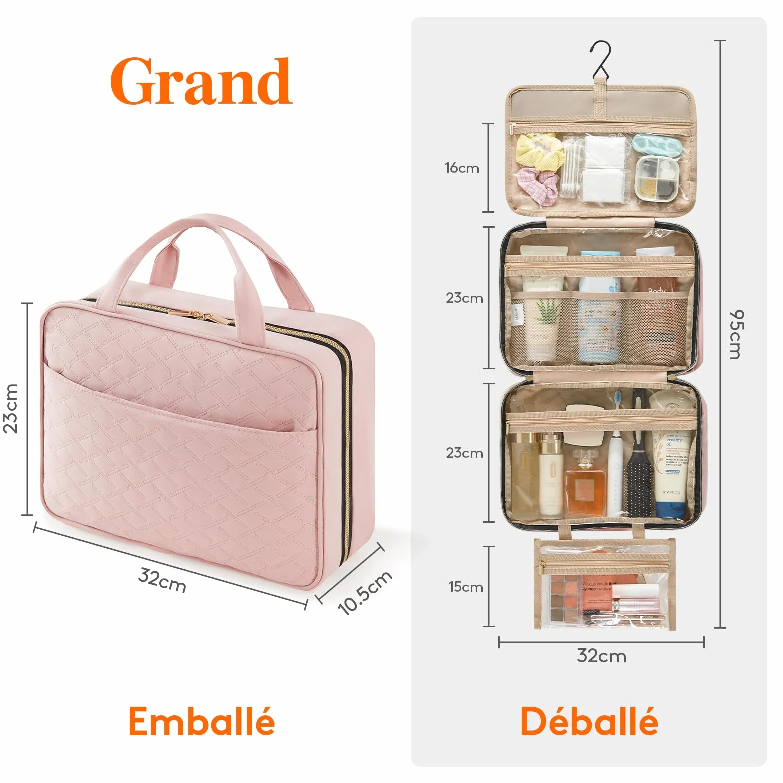 Lifewit Trousse de Toilette Femme Voyage Grande Suspendre avec Crochet, Vanity Maquillage 4 Compartiments Transparent, Rose