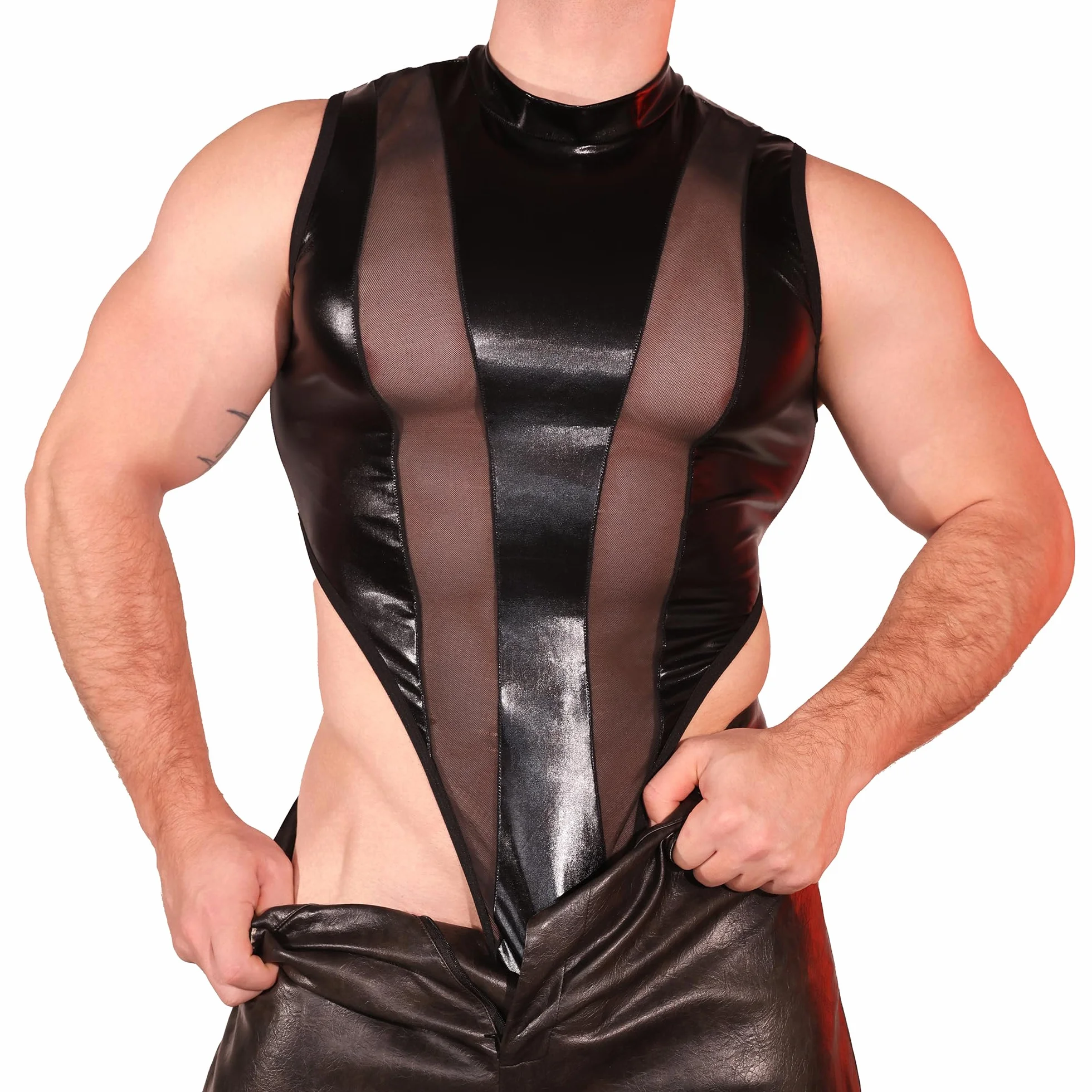 Leotard Homme Métallique Mesh Body Sans Manches Fitness Club