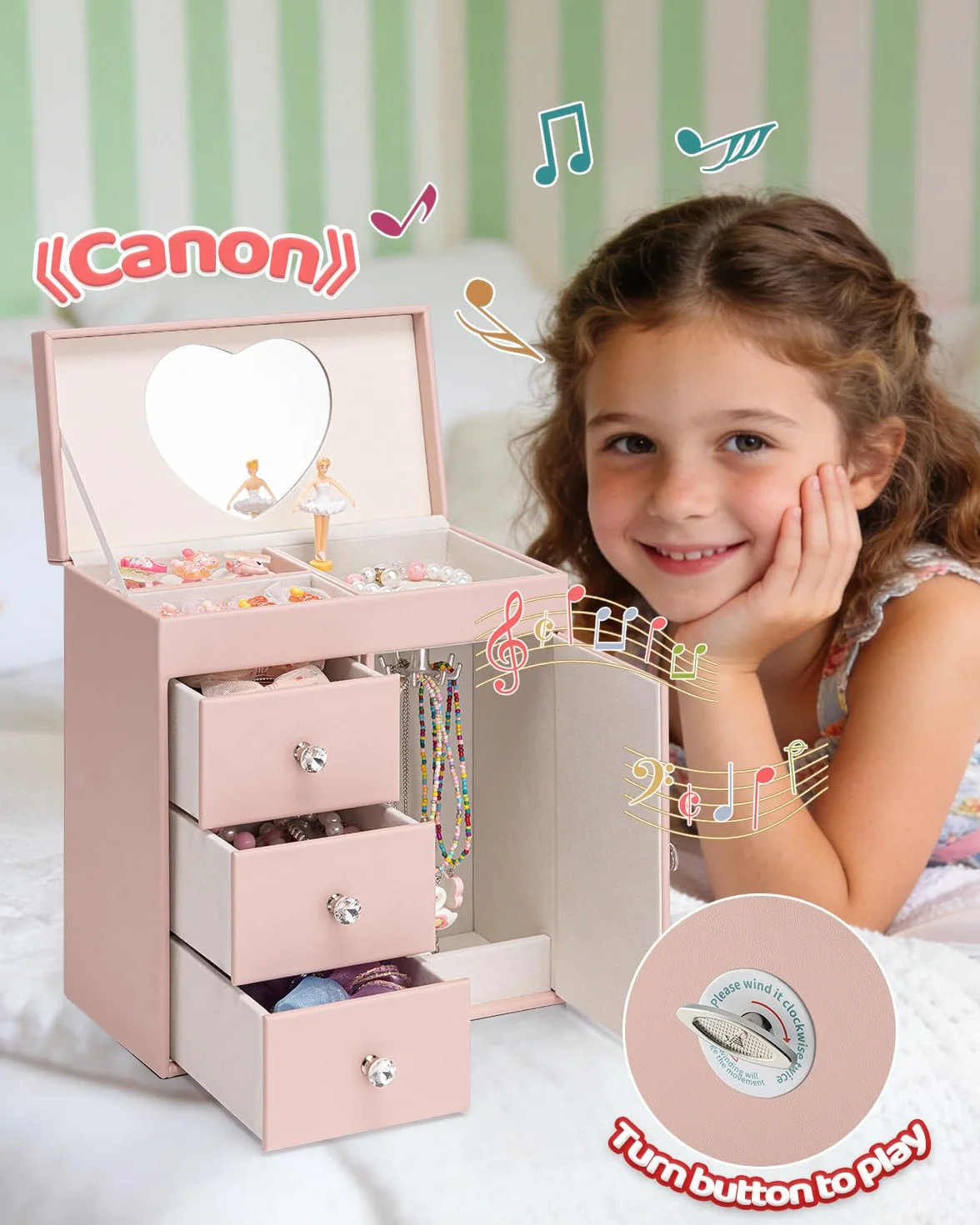 VLANDO Boîte à bijoux musicale pour filles, grande boîte à musique avec ballerine, 4 étages