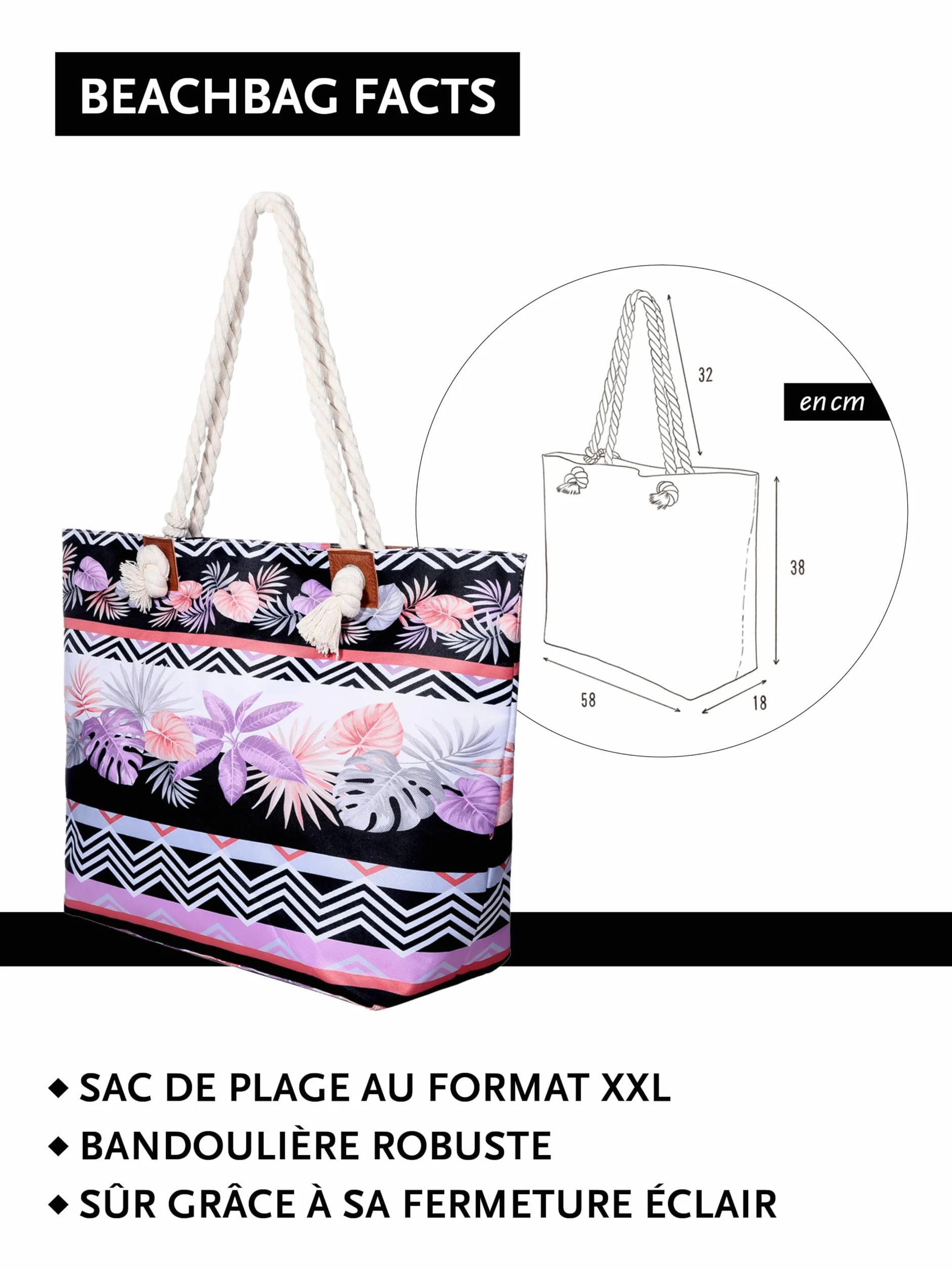 Grand Sac de Plage avec Fermeture à Glissière Sac Shopping Bandoulière