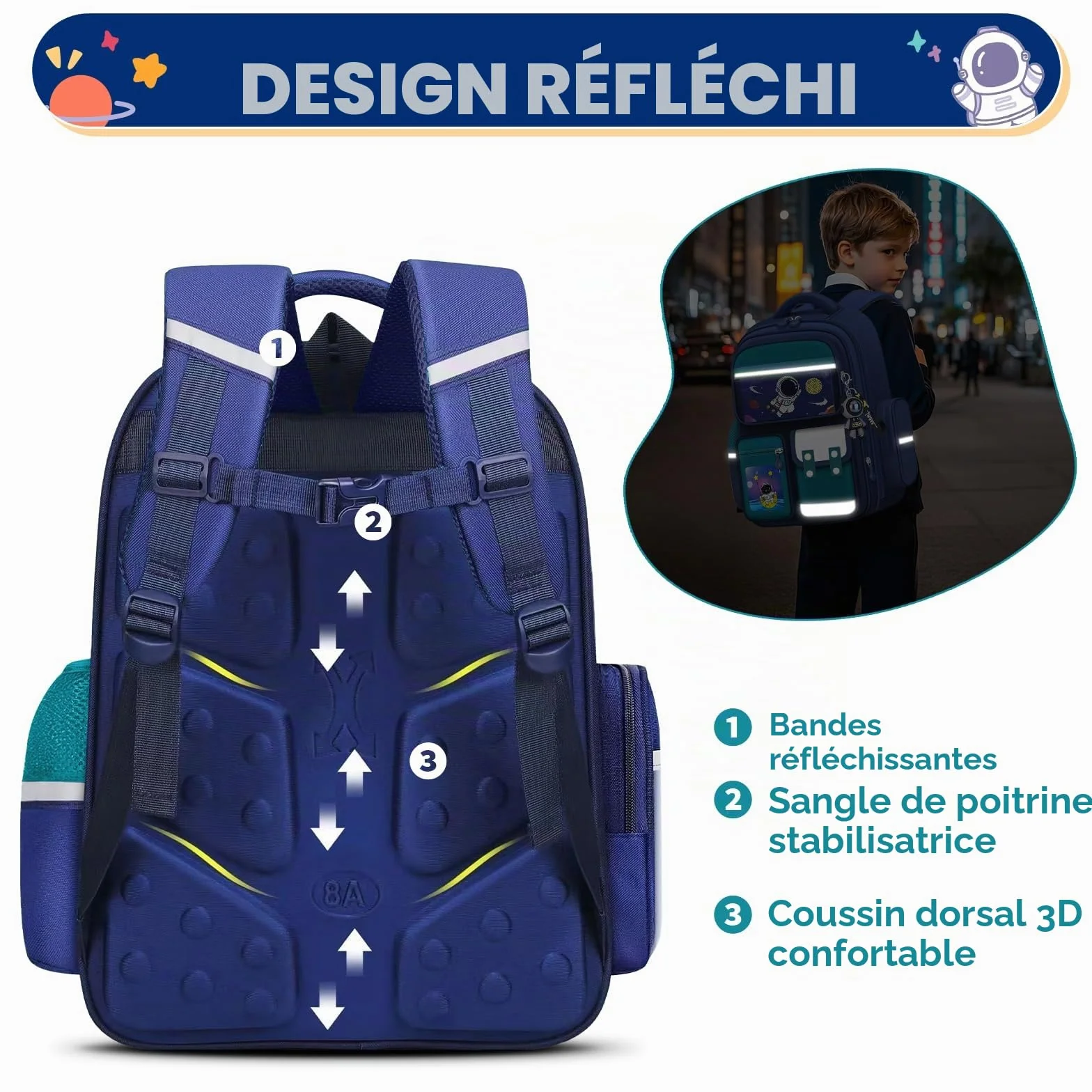Sac à Dos Primaire Garçons 8-12 Ans Multi-compartiments Bandes Réfléchissantes Vert