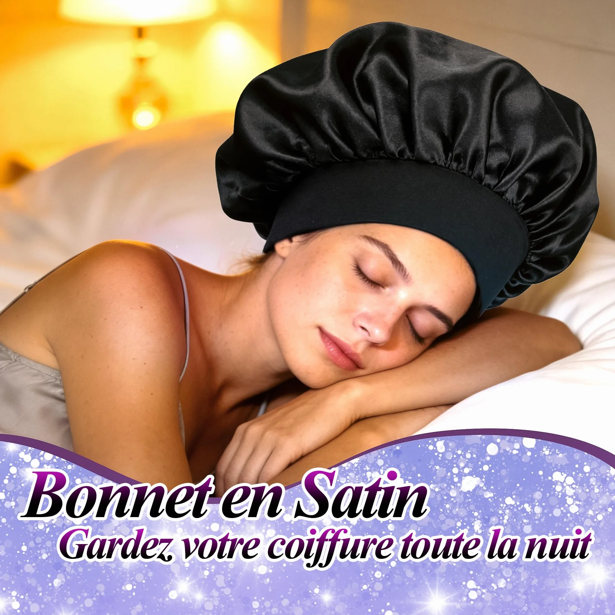Lot de 2 Bonnets Satin Cheveux Nuit Anti-frisottis - Noir + Argent