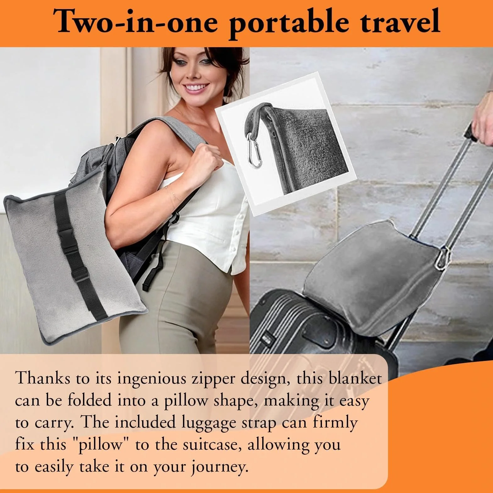 Couverture de Voyage Avion 2 en 1 Oreiller Doux Ultra Légère Chaude Fixation Valise Portable Gris 127 x 152 cm