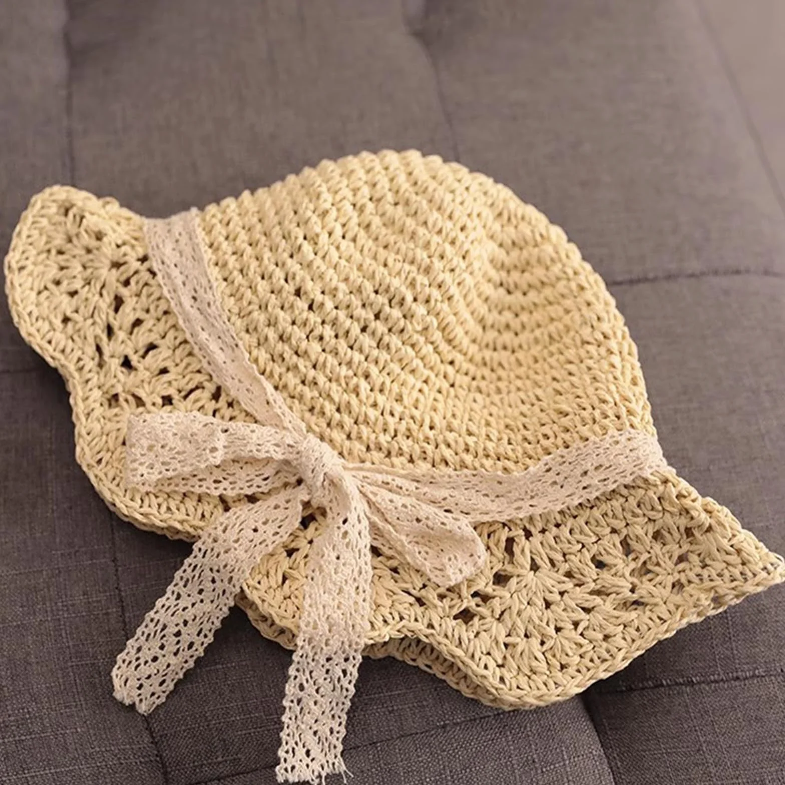 Chapeau Paille Fille Soleil Protection Solaire Pliable Noeud 2-6 Ans