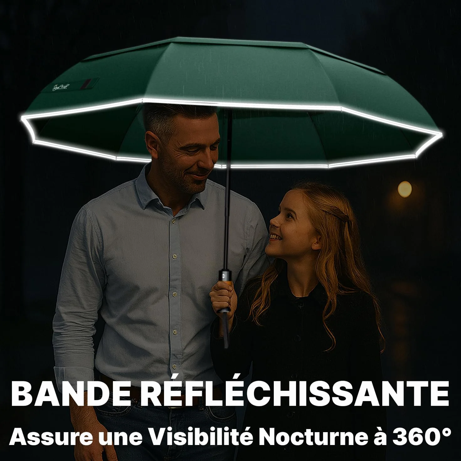 Royal Walk Parapluie de poche résistant aux tempêtes, automatique, double capote, poignée en bois véritable