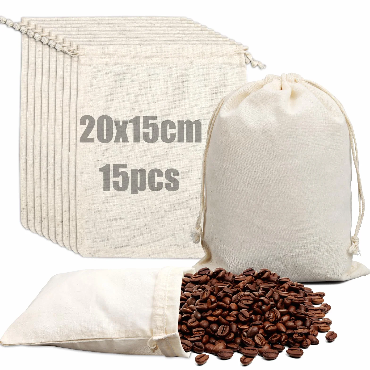 Pochon Tissu Coton 20x15cm 15 Pièces Sacs en Lin avec Cordon Reutilisable pour Cadeau DIY