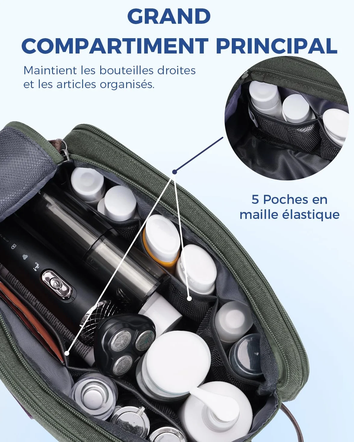 WANDF Trousse de Toilette Voyage Imperméable pour Hommes et Femmes, Sac de Rangement avec Poignée, Vert