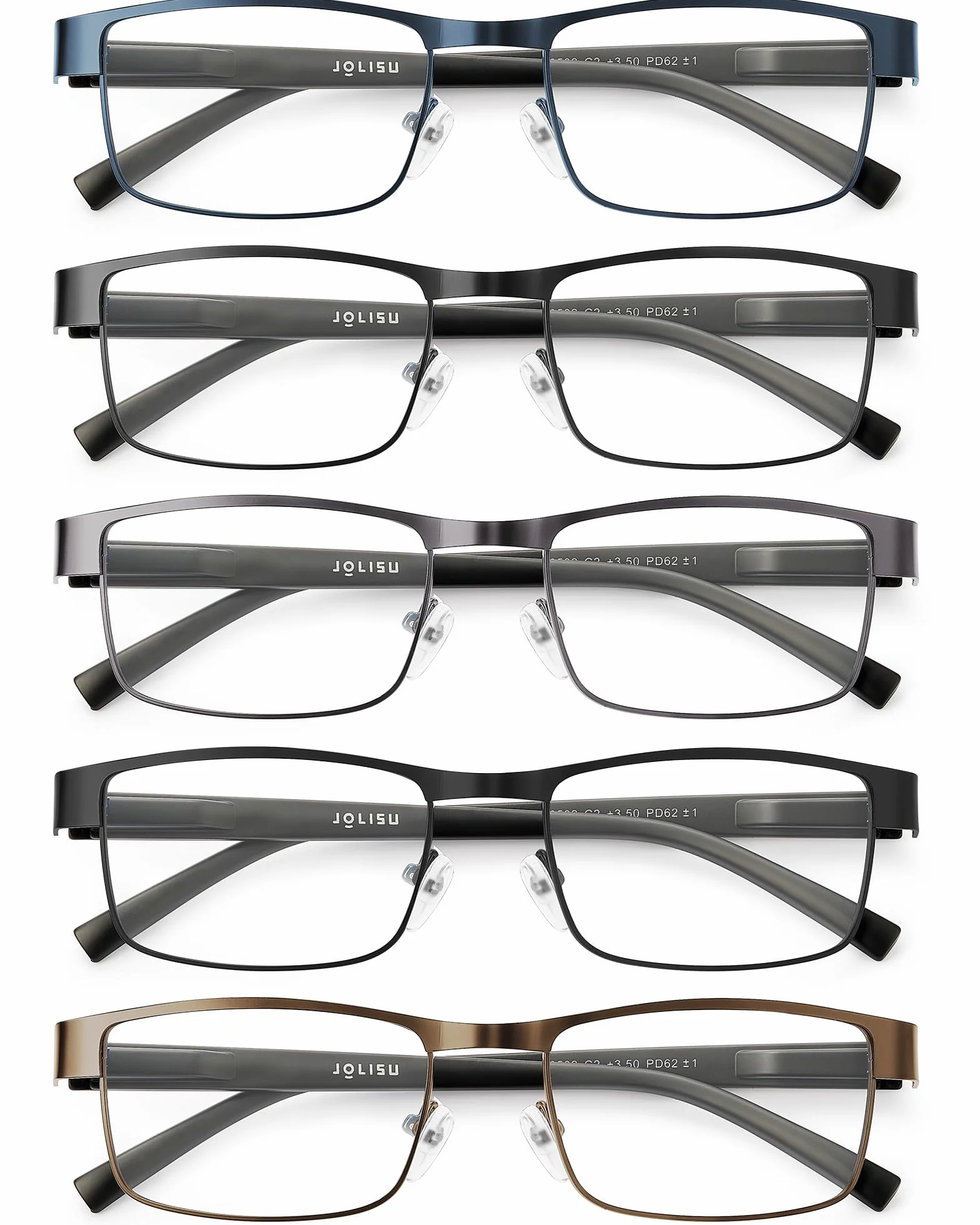 JOLISU 5PCS Lunettes de lecture pour hommes - Monture métallique fine bloquant la lumière bleue