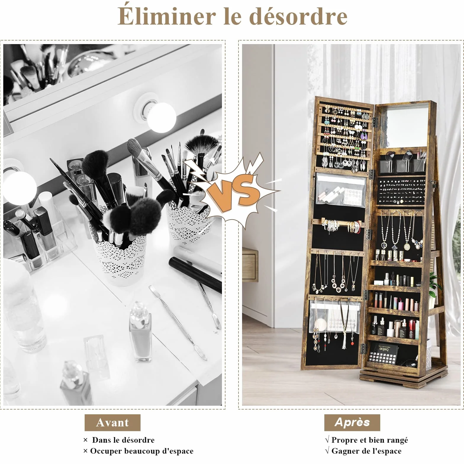 RELAX4LIFE Armoire à Bijoux Pivotante 360º avec Miroir sur Pieds, Verrouillable à Clés, 3 Étagères, Marron Rustique