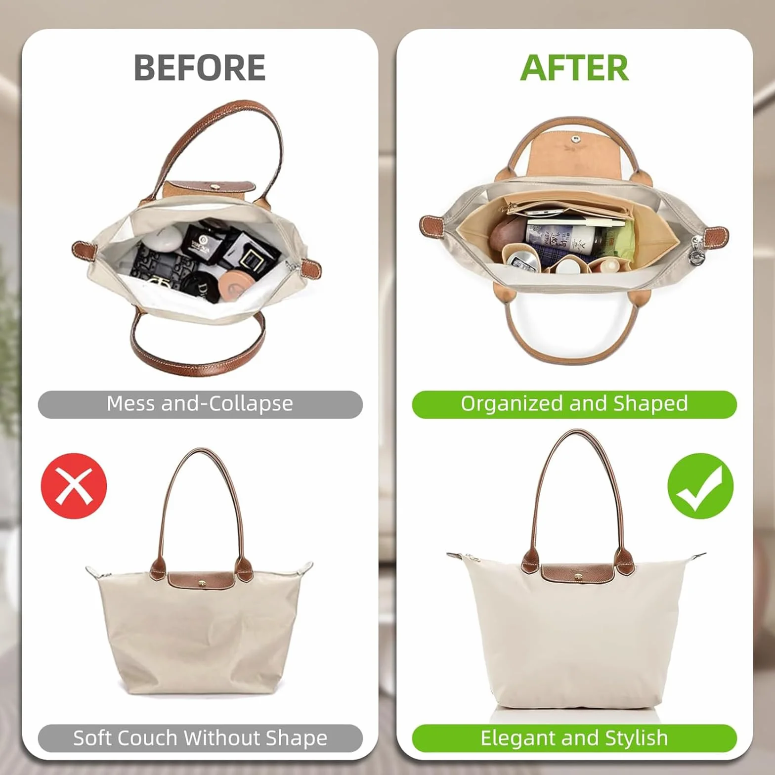 Organiseur de Sac Longchamp Le Pliage L – Insert en Feutre avec Poches