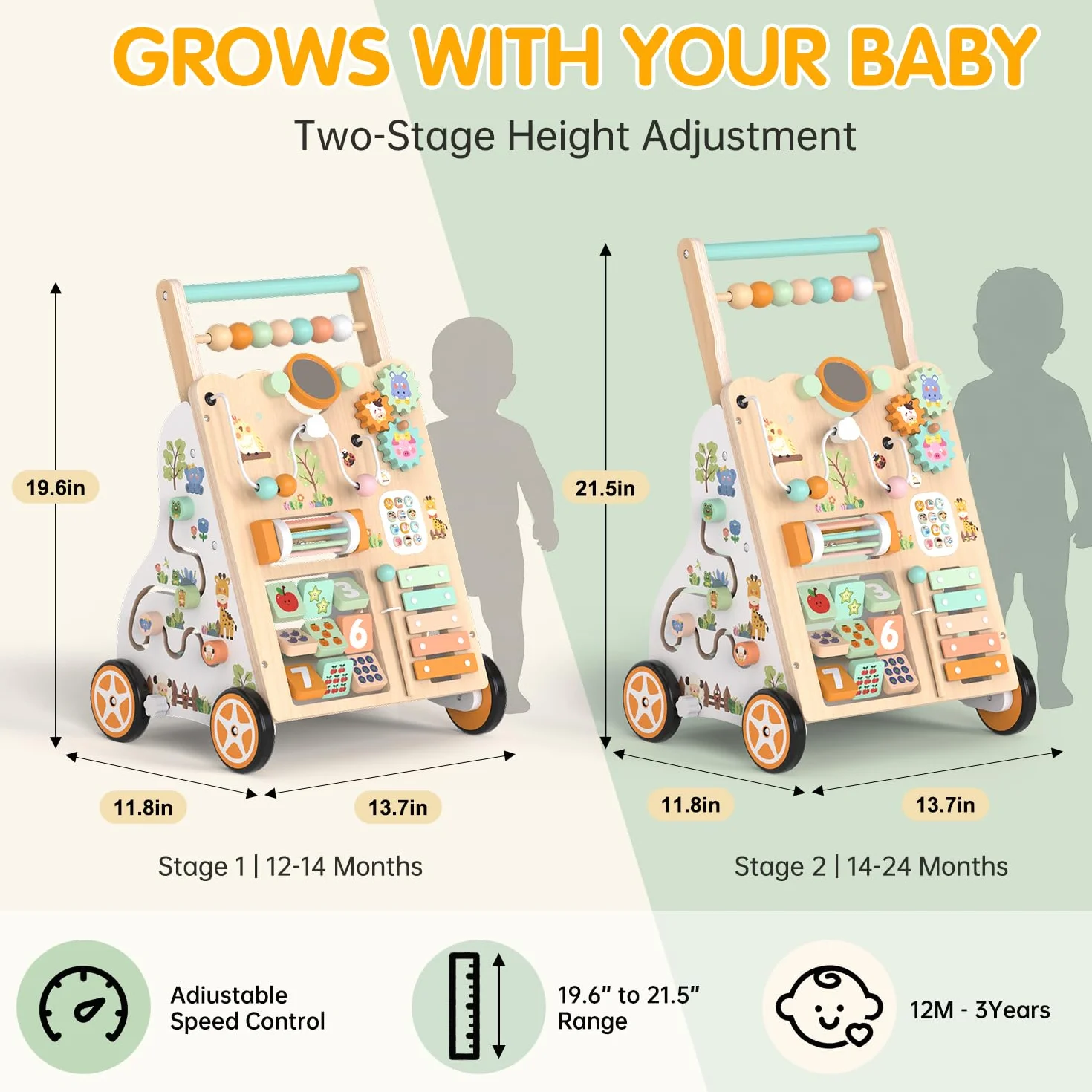 Chariot de Marche en Bois Montessori pour Bébé – Trotteur avec Centre d’Activités – Hauteur et Vitesse Réglables – 12 Mois+