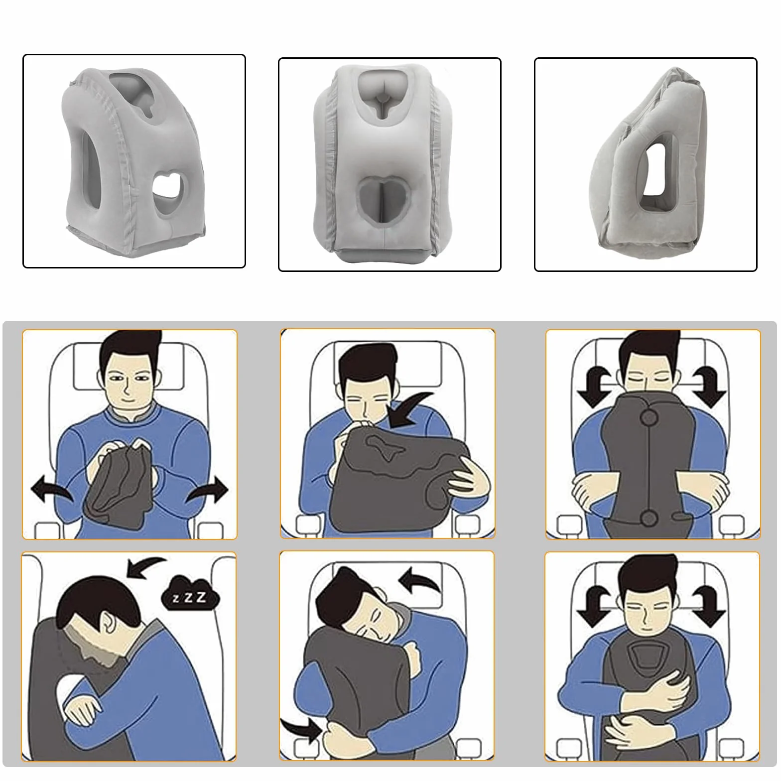 Oreiller de Voyage Gonflable Coussin Cervical Multifonction pour Dormir Bus Train Avion Gris