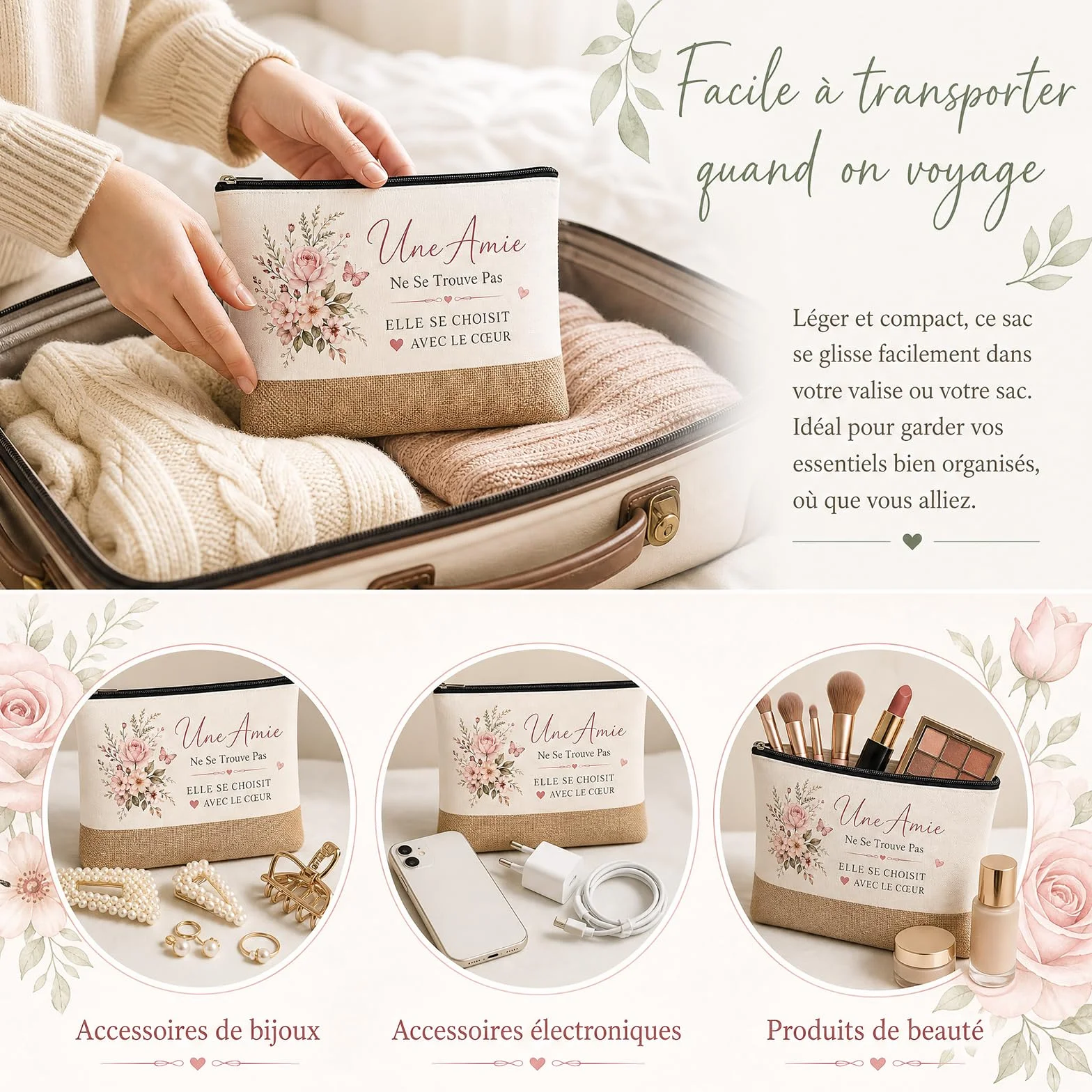 Trousse de Maquillage et Porte Clés 2 Pièces Cadeau Amie Femme Pochette Voyage avec Message Amitié