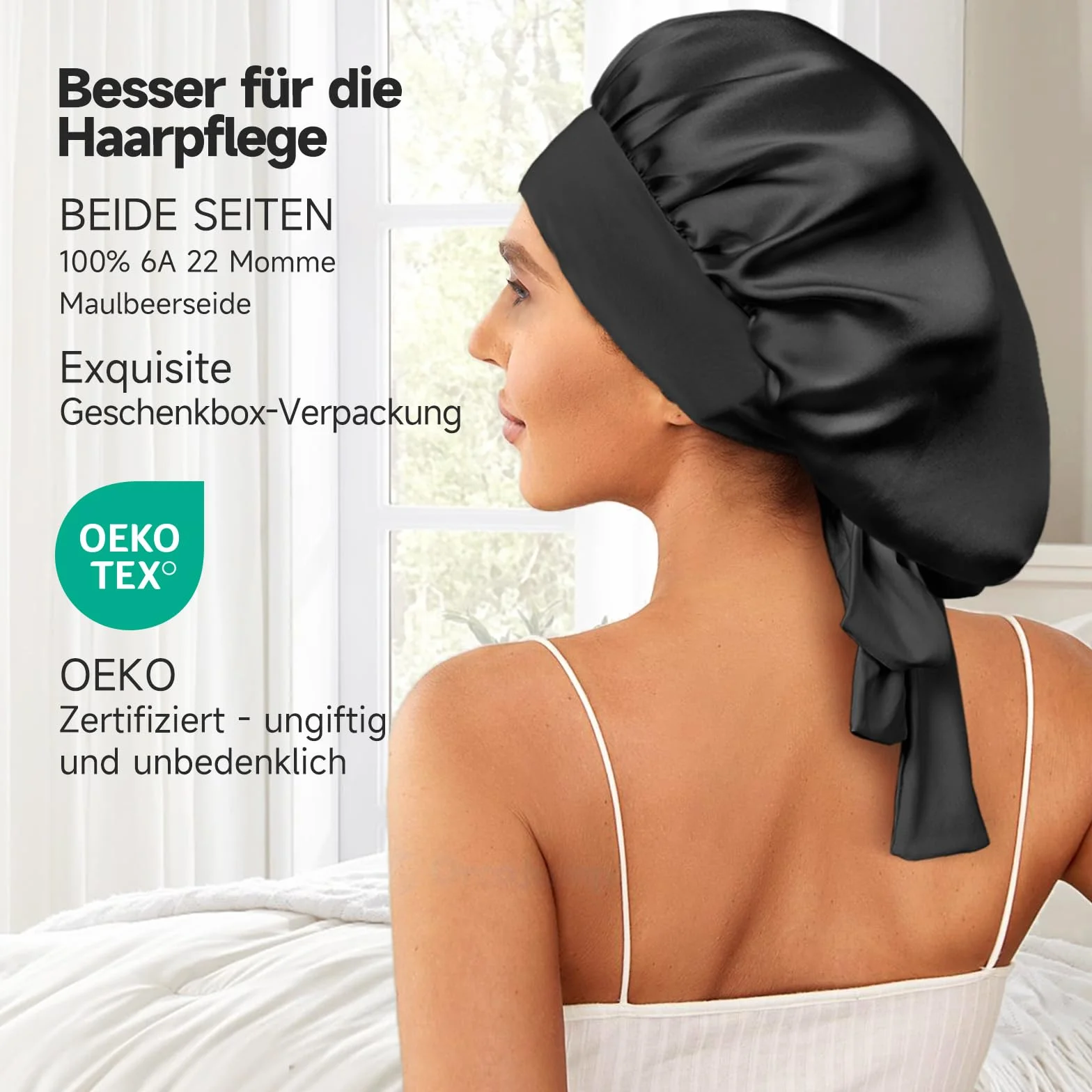 Bonnet de Nuit en Soie de Mûrier 22 Momme Umisleep, Double Couche pour Cheveux Frisés, Respirant, Large Bande Ajustable, Noir