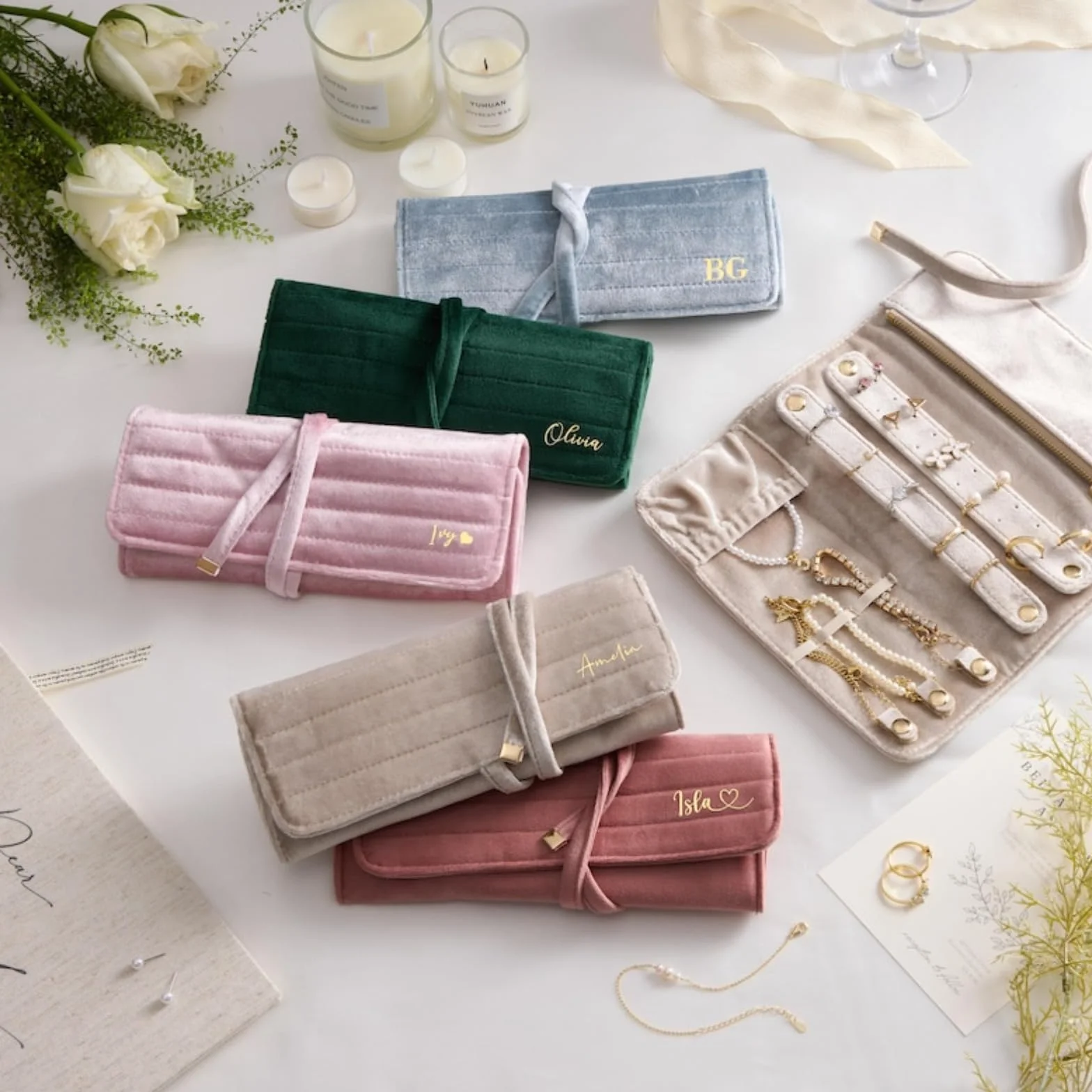 Rouleau à bijoux en velours personnalisé, organisateur de voyage, cadeau pour femme
