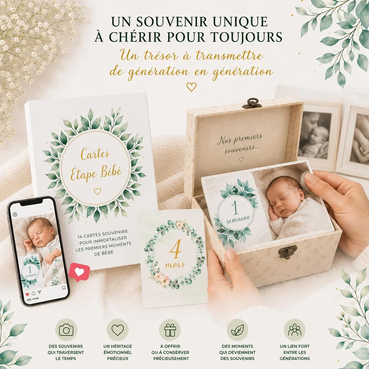 Cartes Étape Bébé Floral Vert – 14 Cartes Souvenir Mois par Mois – Cadeau Naissance Original