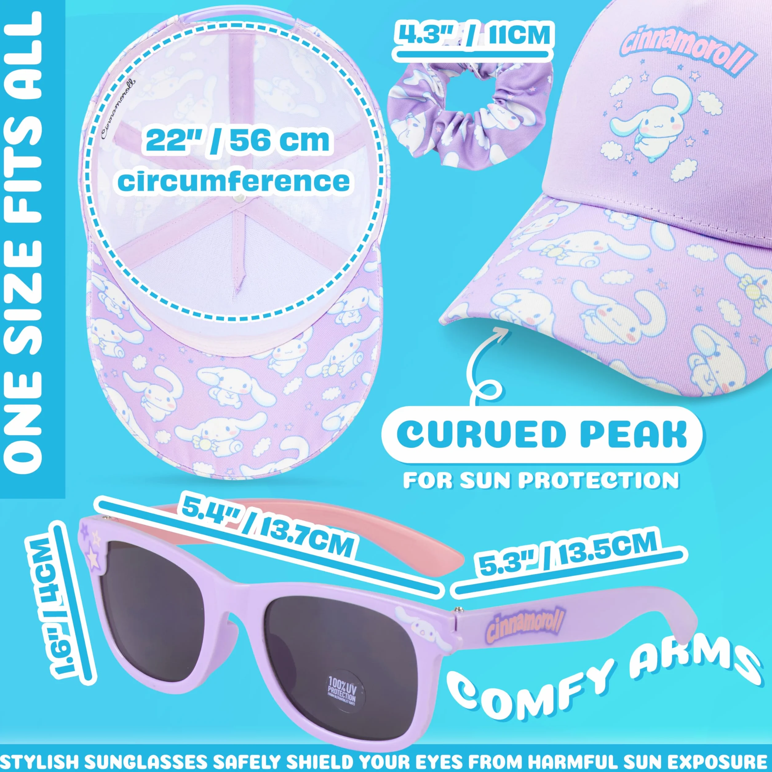 Hello Kitty Barbie Squishmallows Casquette Fille Lunettes de Soleil Chouchou Set Protection UV